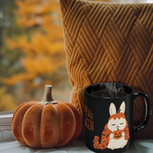 Spooky Bunny Halloween Mug – Cute Pumpkin Rabbit Coffee Cup, Black Ceramic (11oz / 15oz), Fall Gift