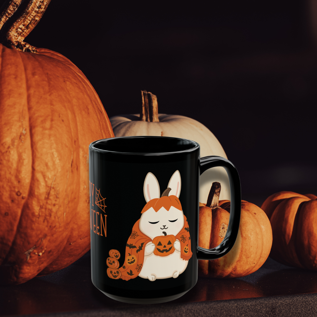 Spooky Bunny Halloween Mug – Cute Pumpkin Rabbit Coffee Cup, Black Ceramic (11oz / 15oz), Fall Gift