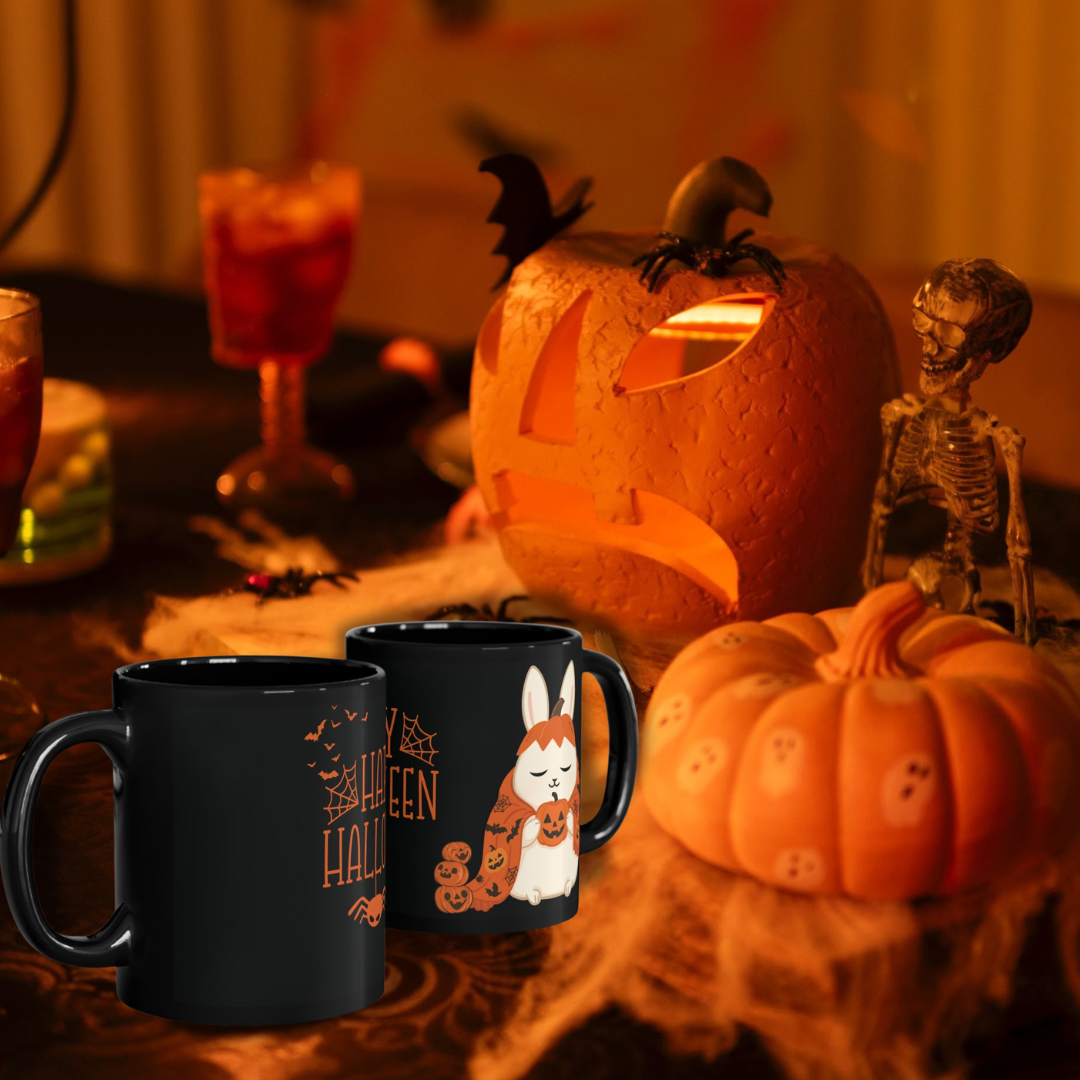Spooky Bunny Halloween Mug – Cute Pumpkin Rabbit Coffee Cup, Black Ceramic (11oz / 15oz), Fall Gift