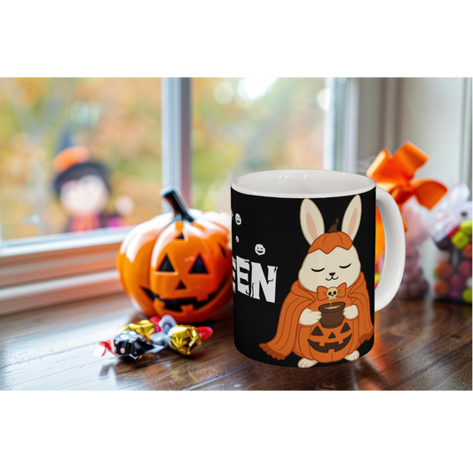 Spooky Bunny Halloween Mug – Cute Pumpkin Rabbit Coffee Cup, Black 11oz Ceramic Mug, Cozy Fall Gift for Coffee & Cocoa Lovers