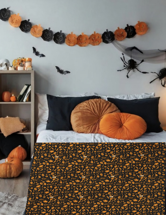 Spooky Cozy Halloween Blanket – Soft Black & Orange Fall Throw with Pumpkin, Bat & Ghost Pattern, Perfect for Autumn Home Decor