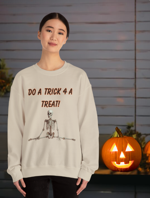 Funny Halloween Skeleton Sweatshirt – “Do a Trick 4 a Treat!” Pullover | Unisex Spooky Crewneck | Fall Cozy Graphic Sweater