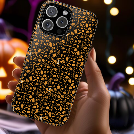 Spooky Icons Halloween Hard Phone Case – Glossy Orange & Black Pumpkin Ghost Pattern, Protective Fall Aesthetic