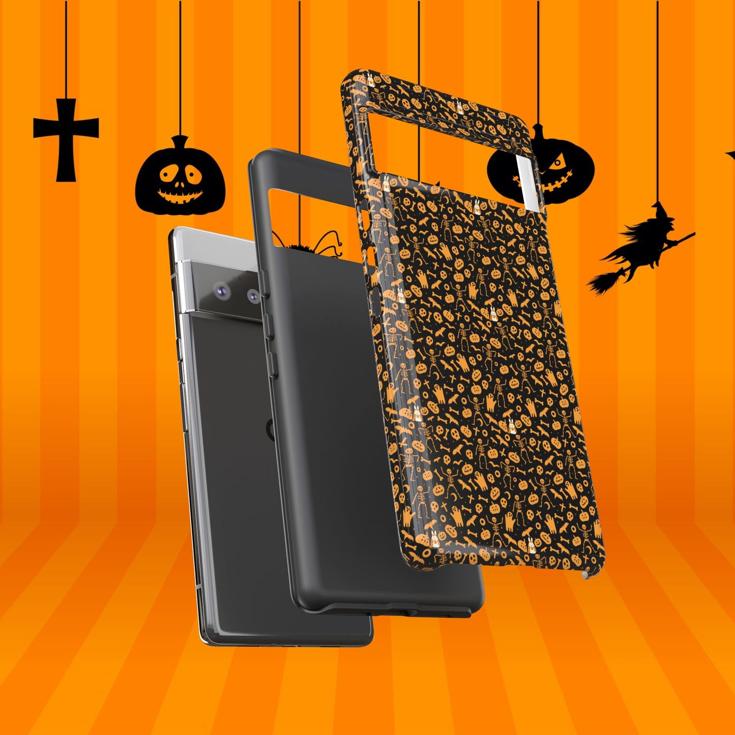 Spooky Icons Halloween Hard Phone Case – Glossy Orange & Black Pumpkin Ghost Pattern, Protective Fall Aesthetic