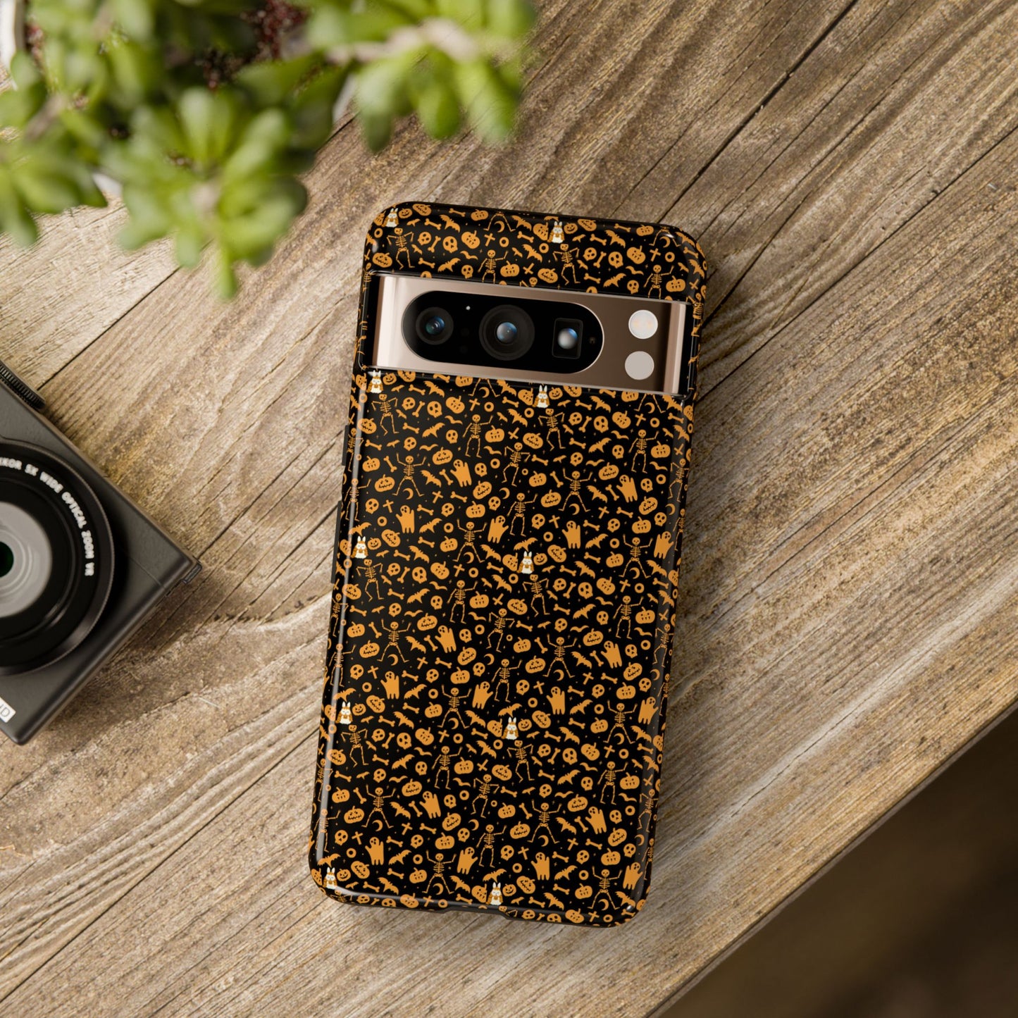Spooky Icons Halloween Hard Phone Case – Glossy Orange & Black Pumpkin Ghost Pattern, Protective Fall Aesthetic