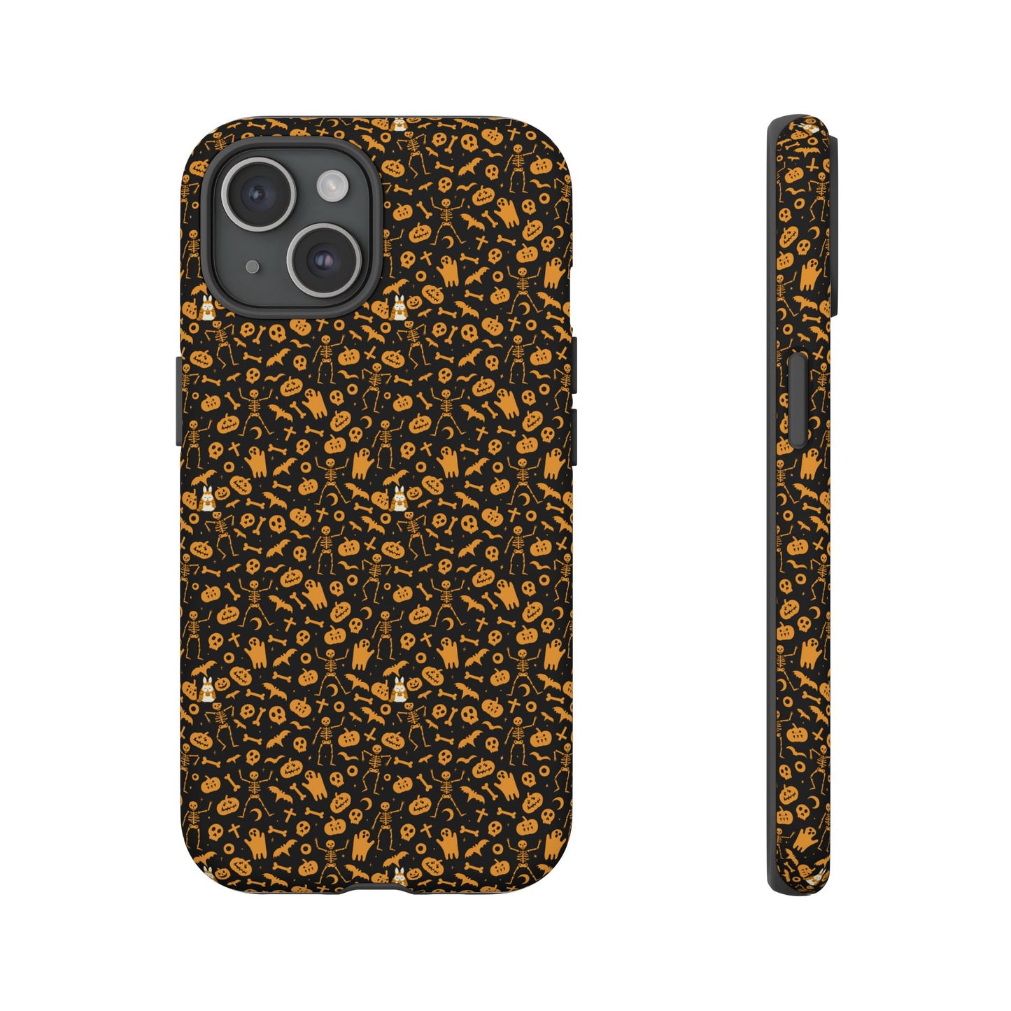 Spooky Icons Halloween Hard Phone Case – Glossy Orange & Black Pumpkin Ghost Pattern, Protective Fall Aesthetic
