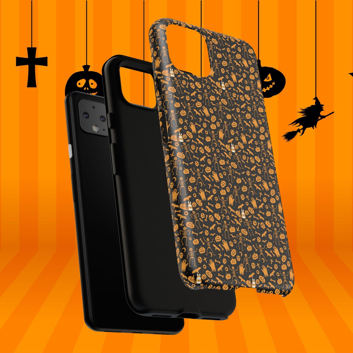 Spooky Icons Halloween Hard Phone Case – Glossy Orange & Black Pumpkin Ghost Pattern, Protective Fall Aesthetic