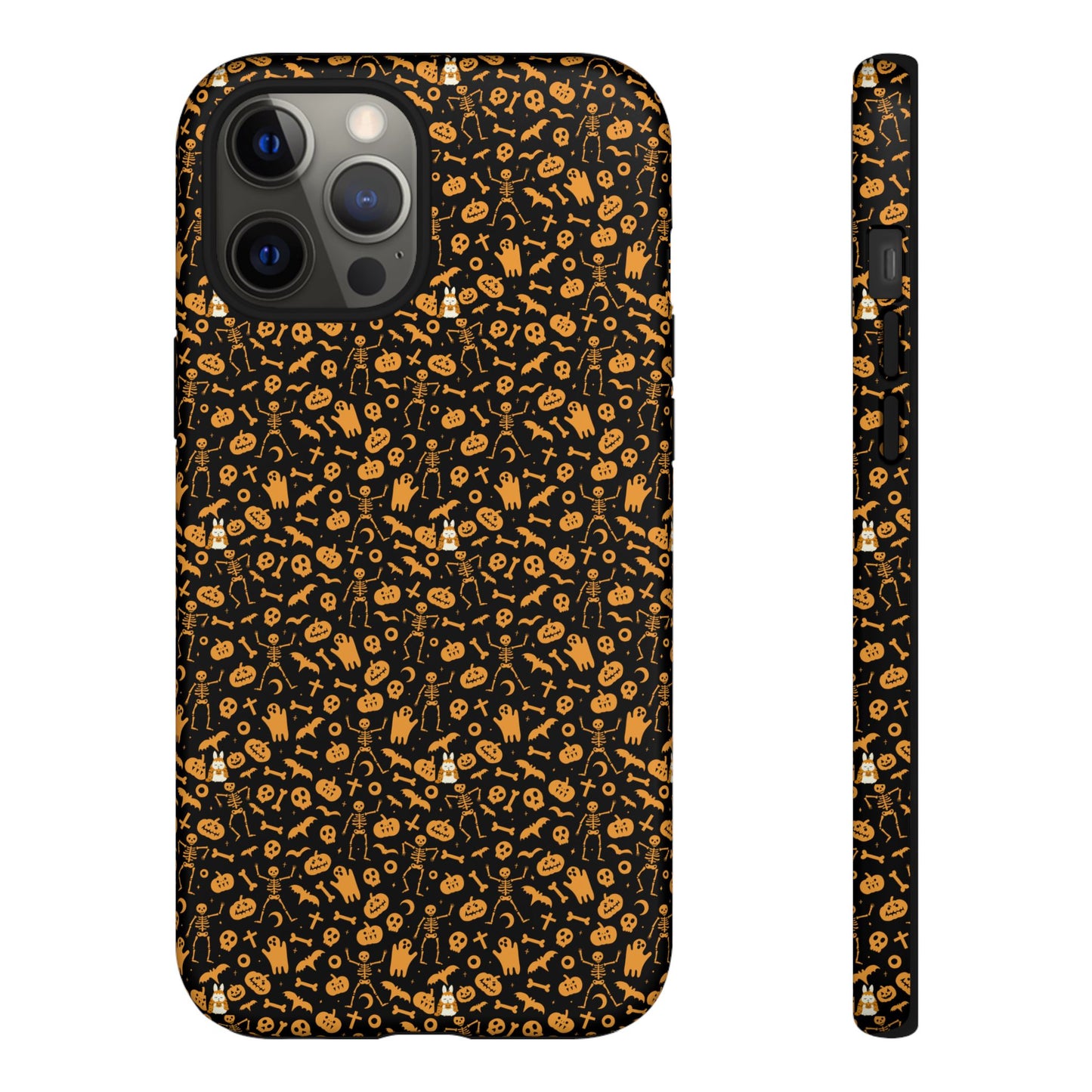Spooky Icons Halloween Hard Phone Case – Glossy Orange & Black Pumpkin Ghost Pattern, Protective Fall Aesthetic