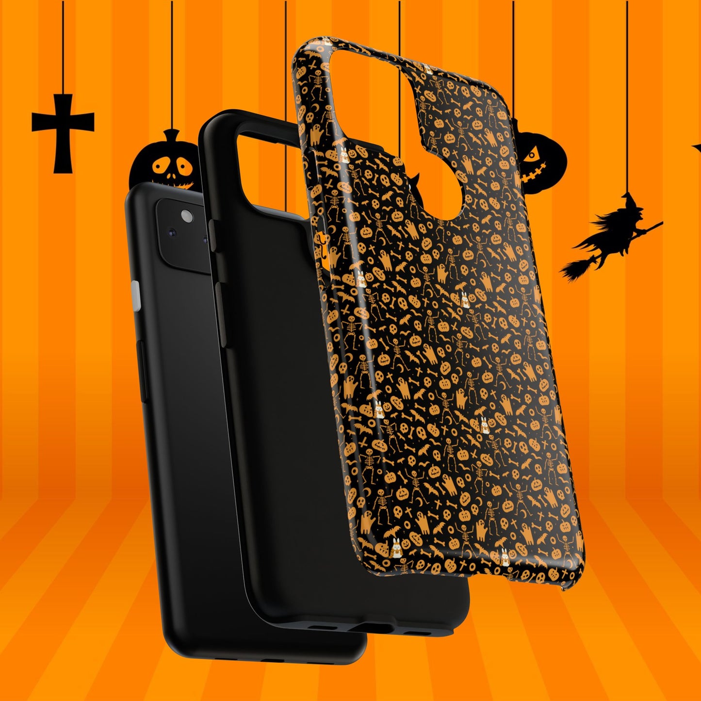 Spooky Icons Halloween Hard Phone Case – Glossy Orange & Black Pumpkin Ghost Pattern, Protective Fall Aesthetic