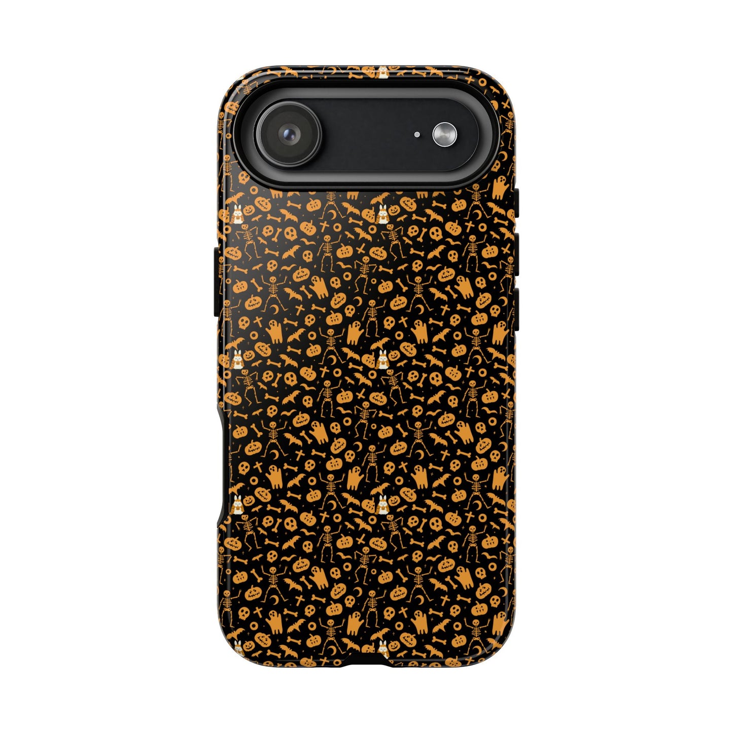 Spooky Icons Halloween Hard Phone Case – Glossy Orange & Black Pumpkin Ghost Pattern, Protective Fall Aesthetic