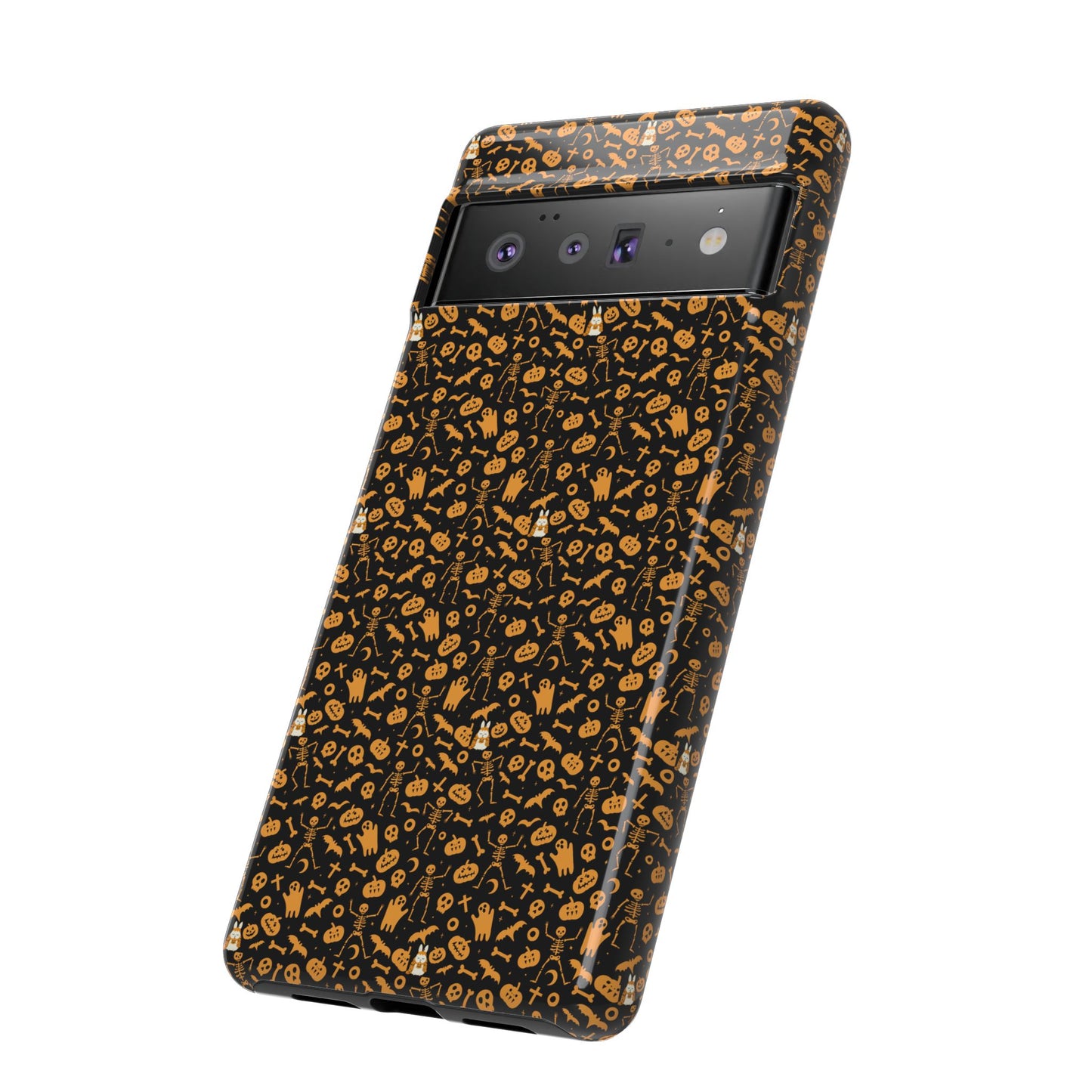 Spooky Icons Halloween Hard Phone Case – Glossy Orange & Black Pumpkin Ghost Pattern, Protective Fall Aesthetic