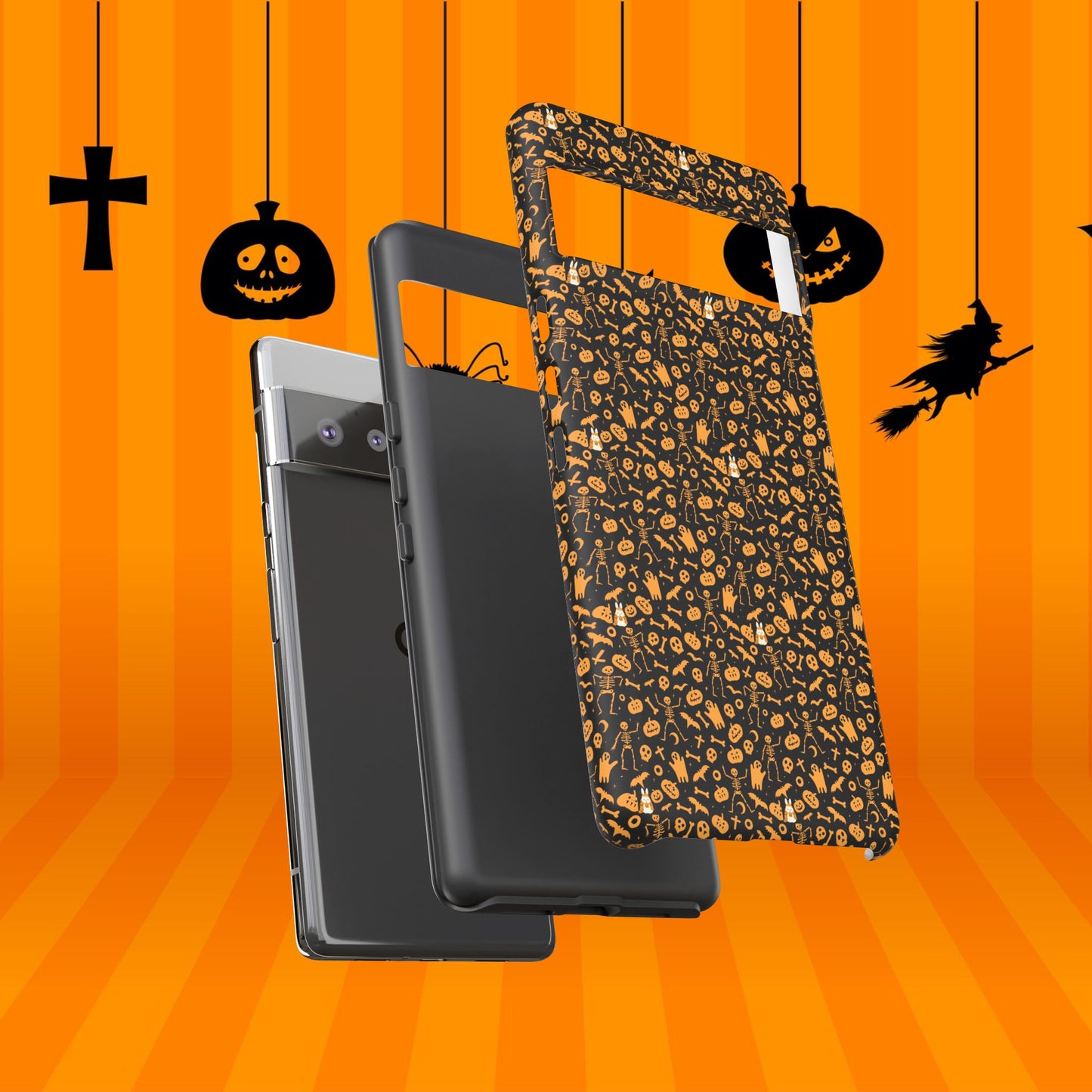 Spooky Icons Halloween Hard Phone Case – Glossy Orange & Black Pumpkin Ghost Pattern, Protective Fall Aesthetic