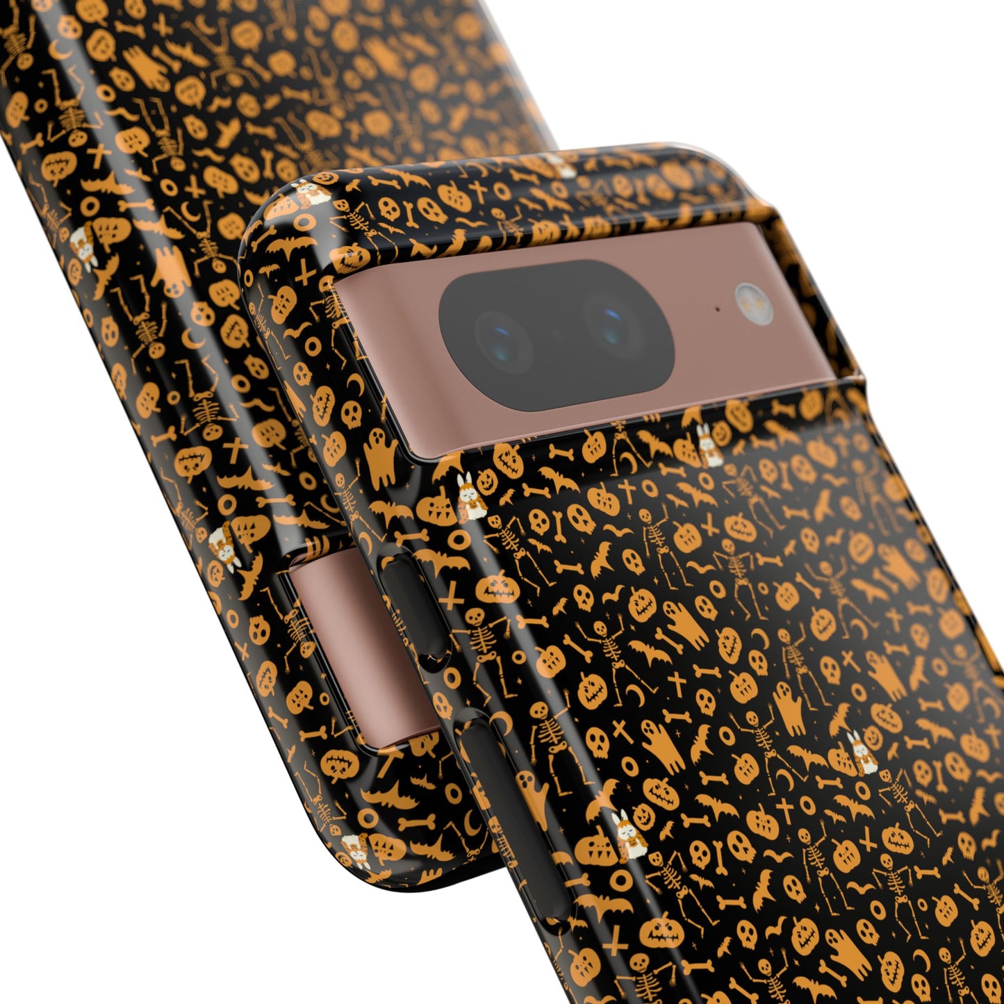 Spooky Icons Halloween Hard Phone Case – Glossy Orange & Black Pumpkin Ghost Pattern, Protective Fall Aesthetic