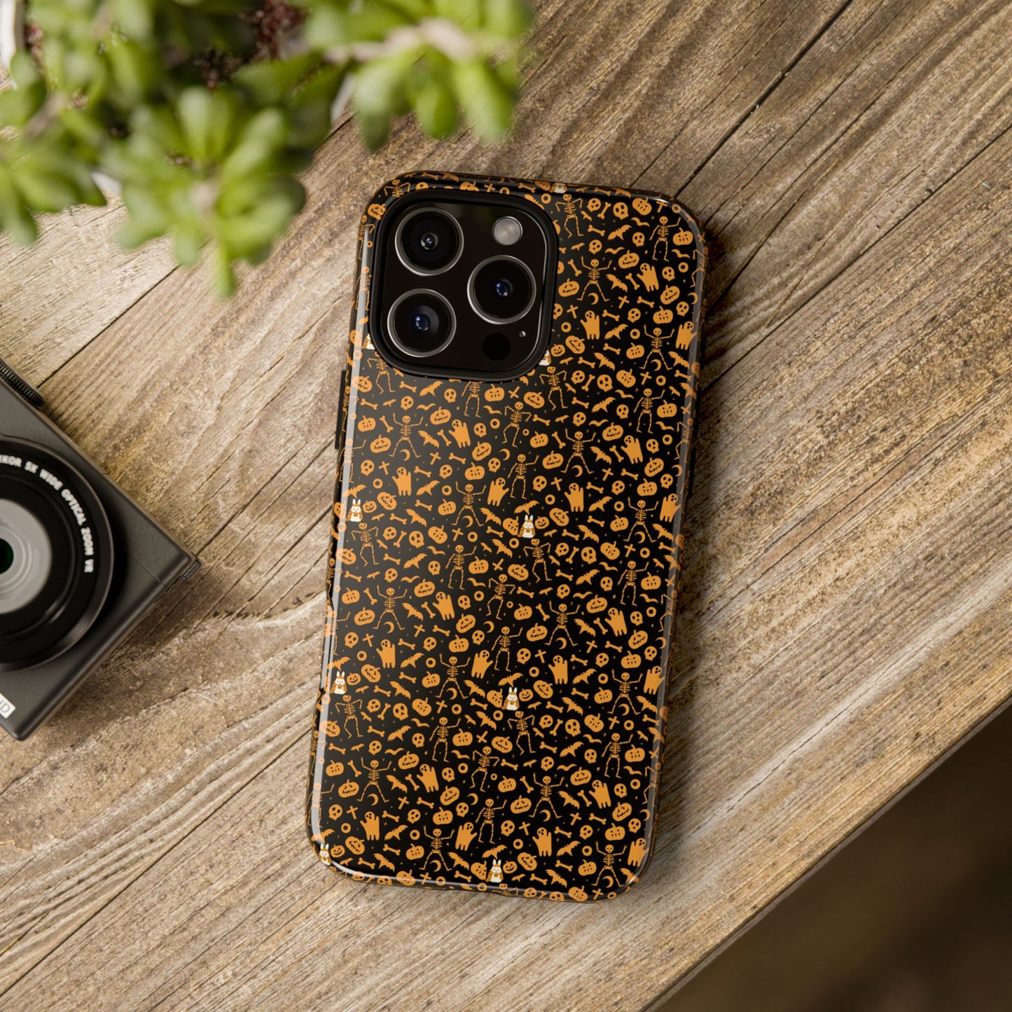 Spooky Icons Halloween Hard Phone Case – Glossy Orange & Black Pumpkin Ghost Pattern, Protective Fall Aesthetic