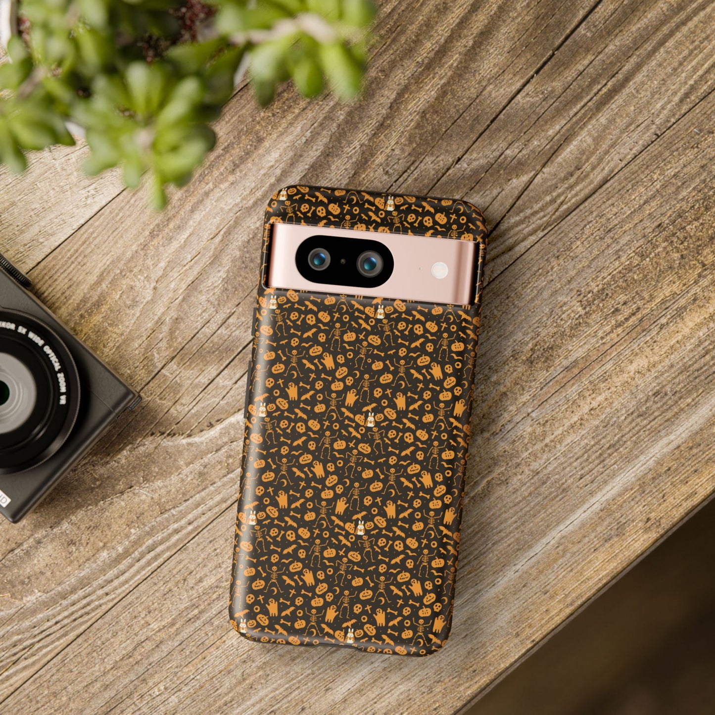 Spooky Icons Halloween Hard Phone Case – Glossy Orange & Black Pumpkin Ghost Pattern, Protective Fall Aesthetic