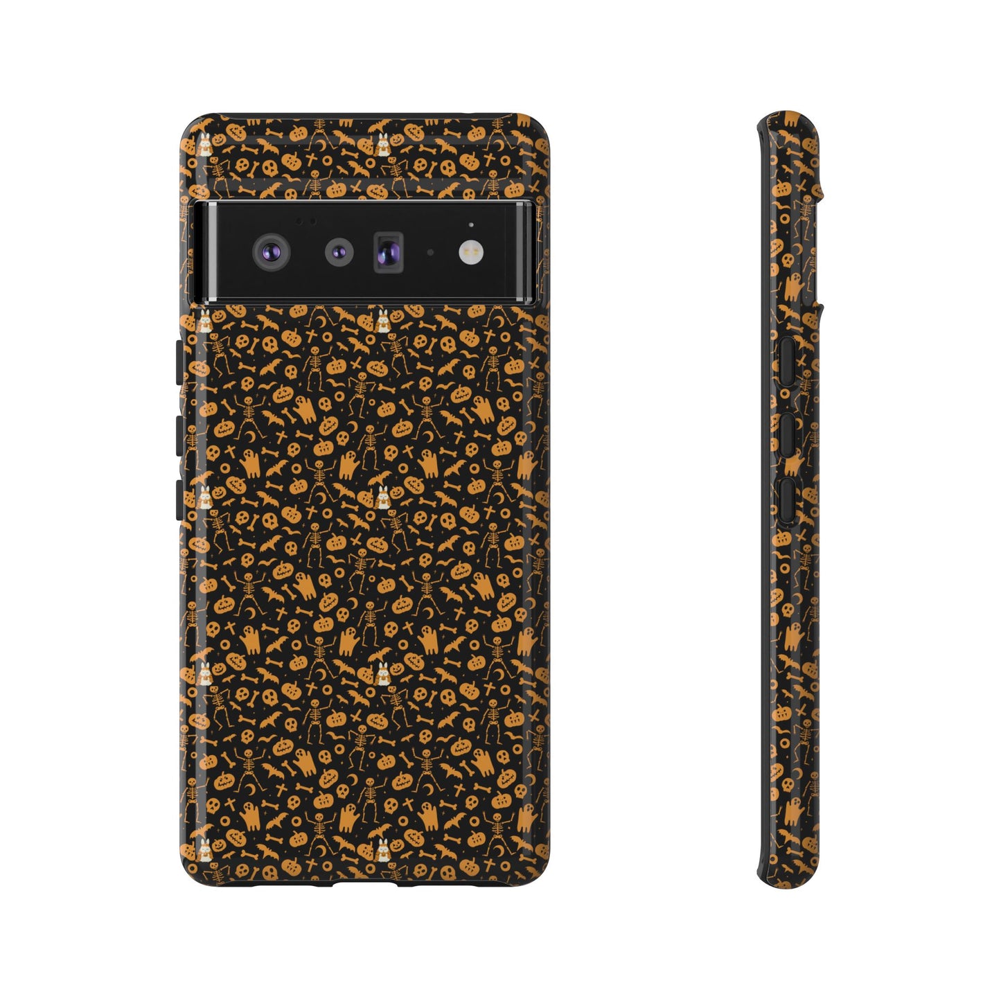 Spooky Icons Halloween Hard Phone Case – Glossy Orange & Black Pumpkin Ghost Pattern, Protective Fall Aesthetic