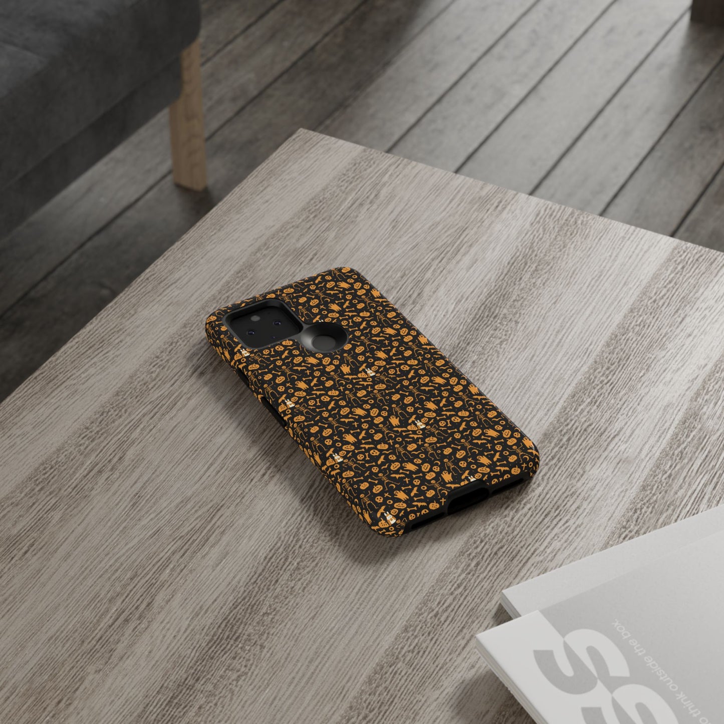 Spooky Icons Halloween Hard Phone Case – Glossy Orange & Black Pumpkin Ghost Pattern, Protective Fall Aesthetic
