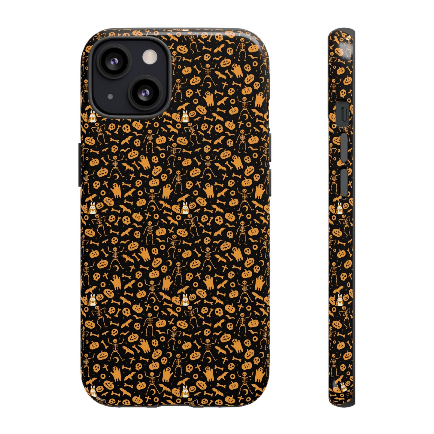 Spooky Icons Halloween Hard Phone Case – Glossy Orange & Black Pumpkin Ghost Pattern, Protective Fall Aesthetic