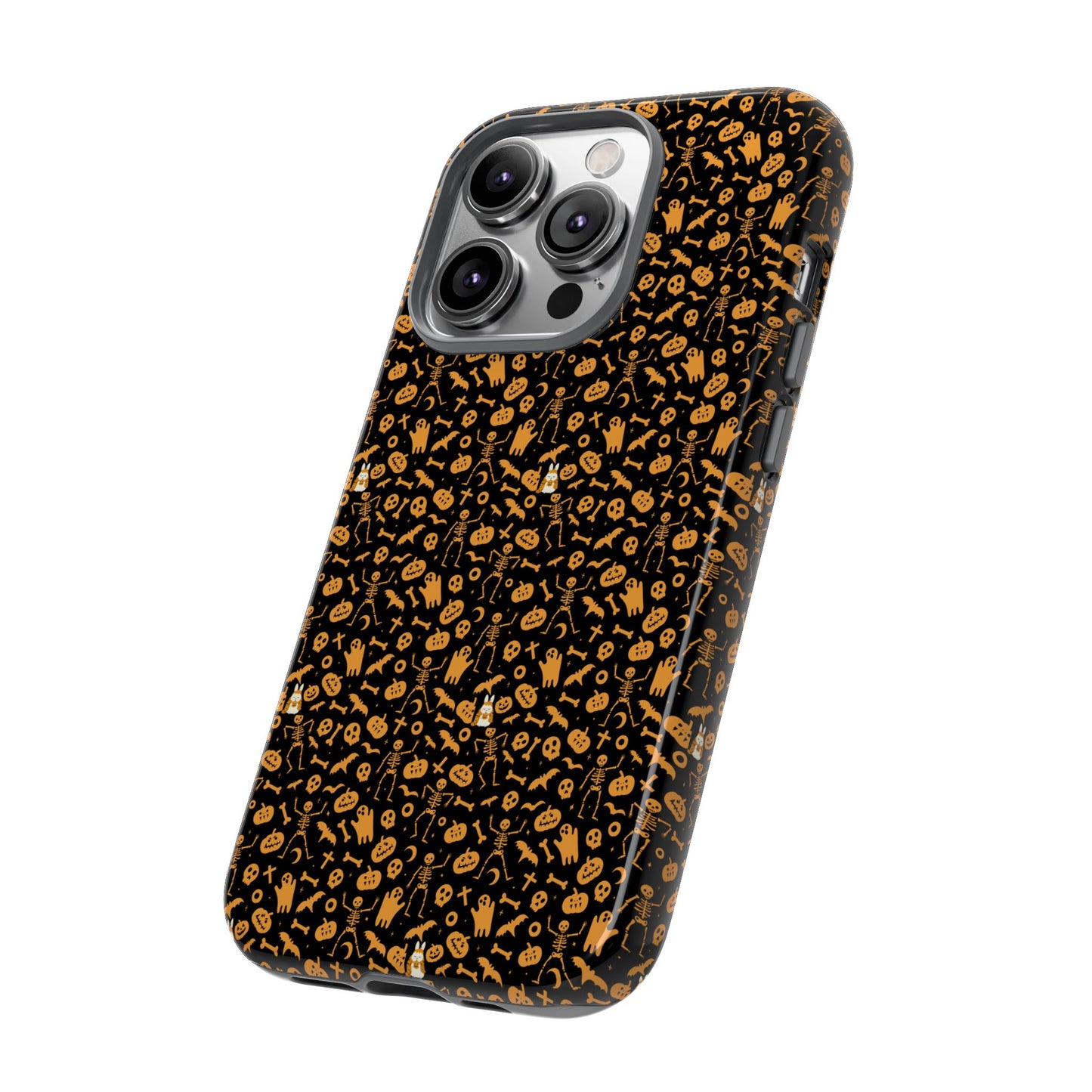 Spooky Icons Halloween Hard Phone Case – Glossy Orange & Black Pumpkin Ghost Pattern, Protective Fall Aesthetic