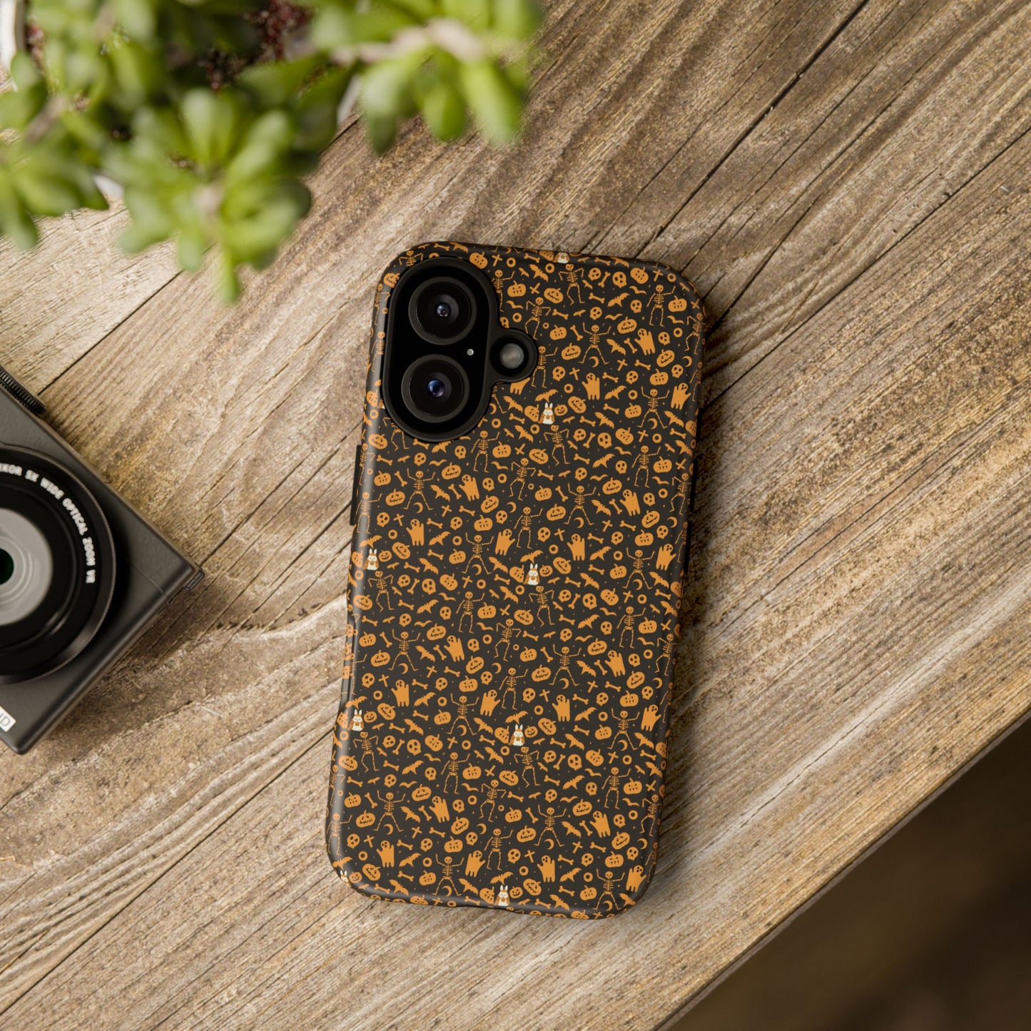 Spooky Icons Halloween Hard Phone Case – Glossy Orange & Black Pumpkin Ghost Pattern, Protective Fall Aesthetic