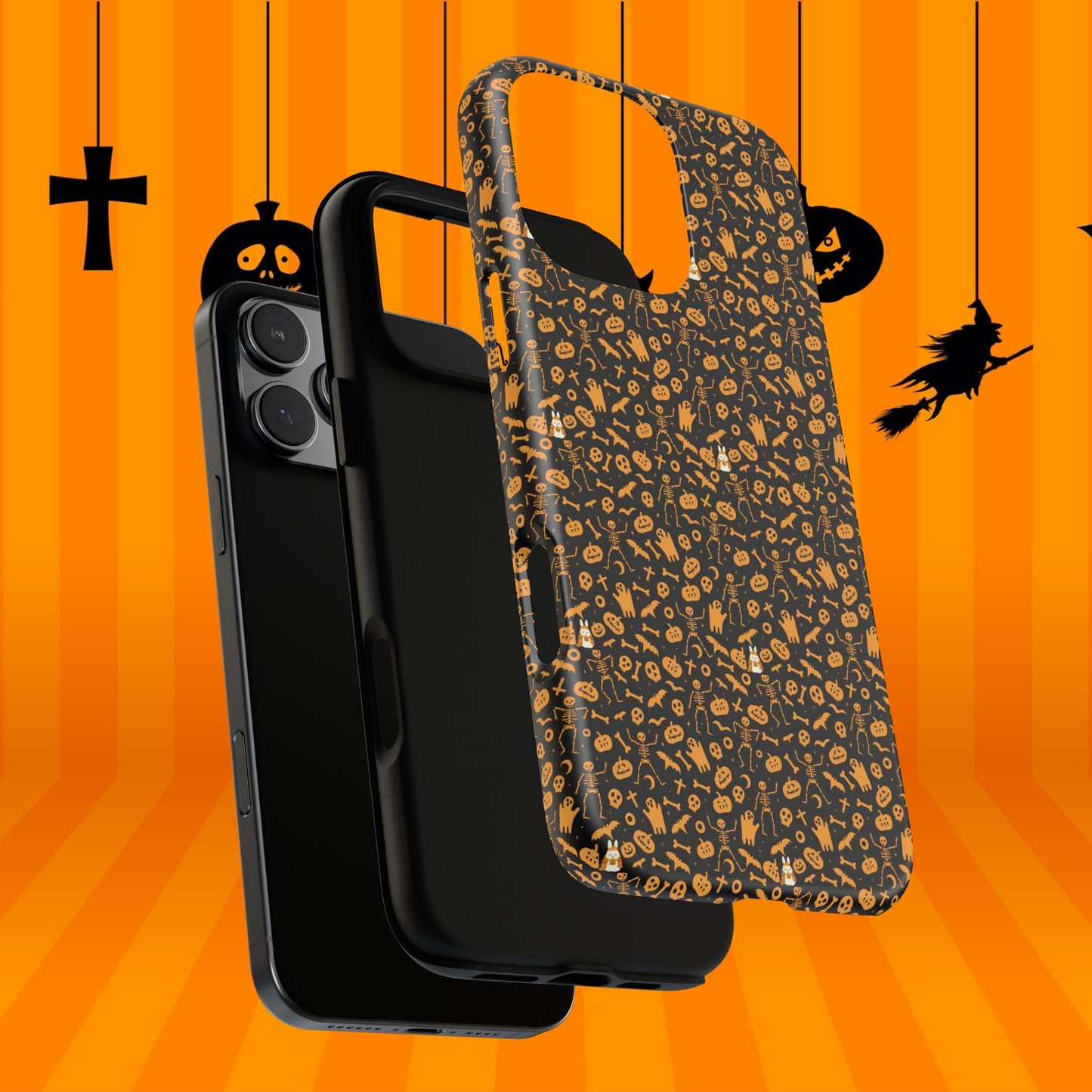 Spooky Icons Halloween Hard Phone Case – Glossy Orange & Black Pumpkin Ghost Pattern, Protective Fall Aesthetic