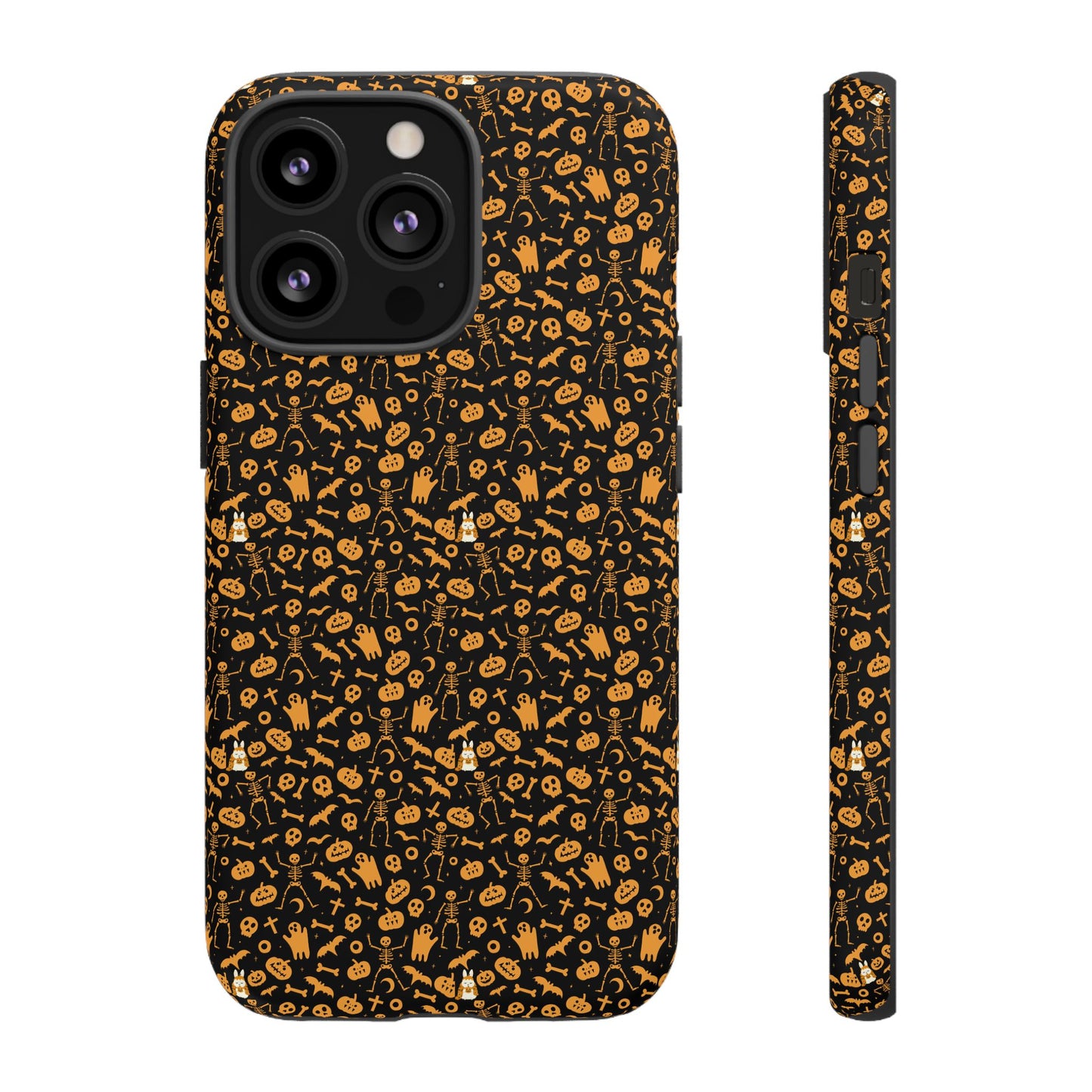 Spooky Icons Halloween Hard Phone Case – Glossy Orange & Black Pumpkin Ghost Pattern, Protective Fall Aesthetic