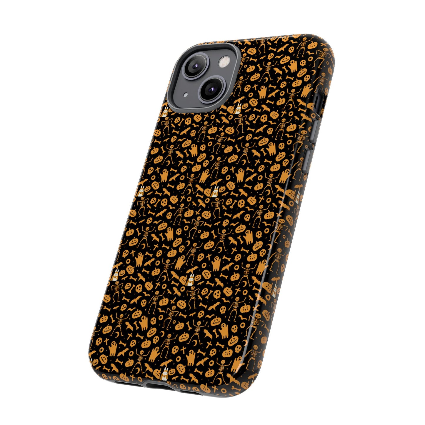 Spooky Icons Halloween Hard Phone Case – Glossy Orange & Black Pumpkin Ghost Pattern, Protective Fall Aesthetic