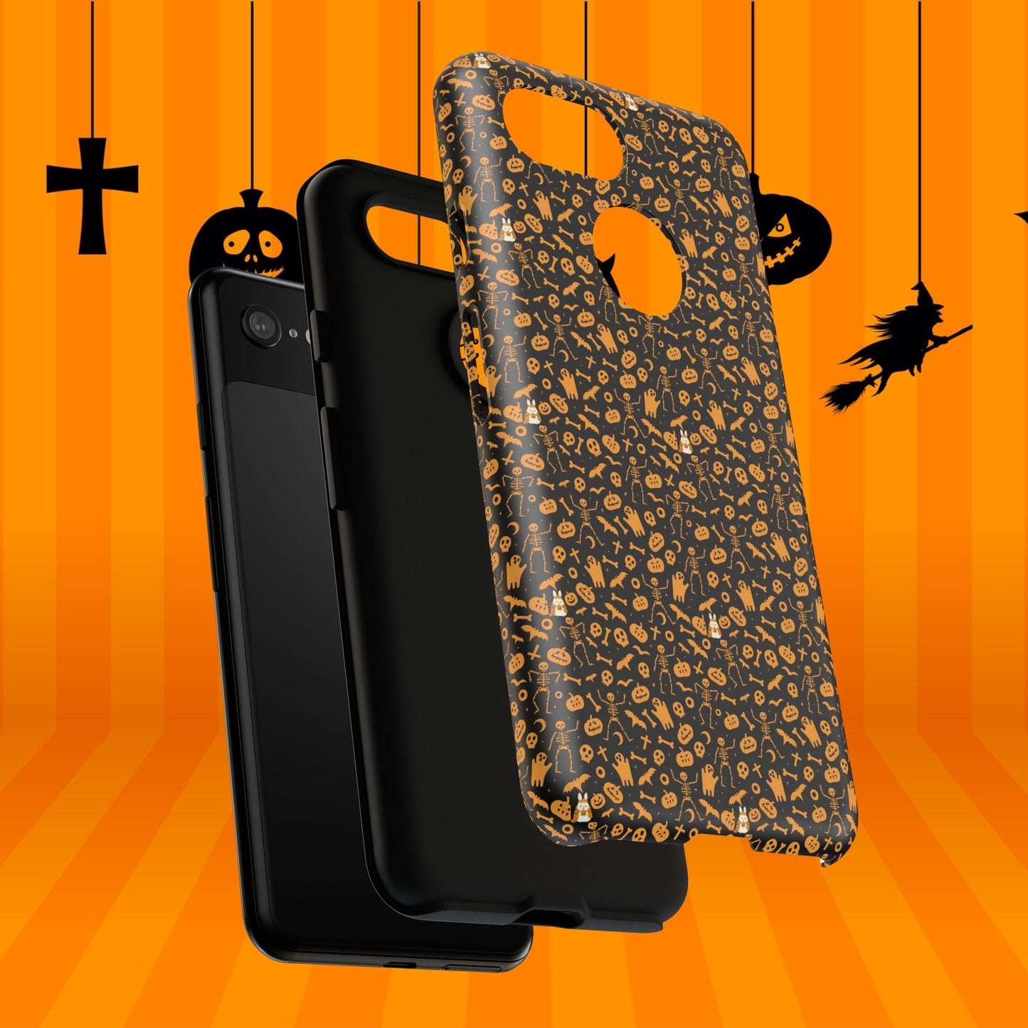 Spooky Icons Halloween Hard Phone Case – Glossy Orange & Black Pumpkin Ghost Pattern, Protective Fall Aesthetic