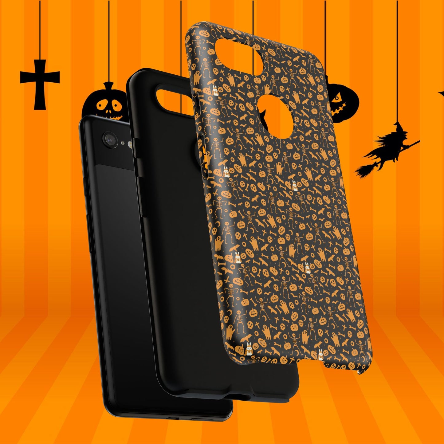 Spooky Icons Halloween Hard Phone Case – Glossy Orange & Black Pumpkin Ghost Pattern, Protective Fall Aesthetic