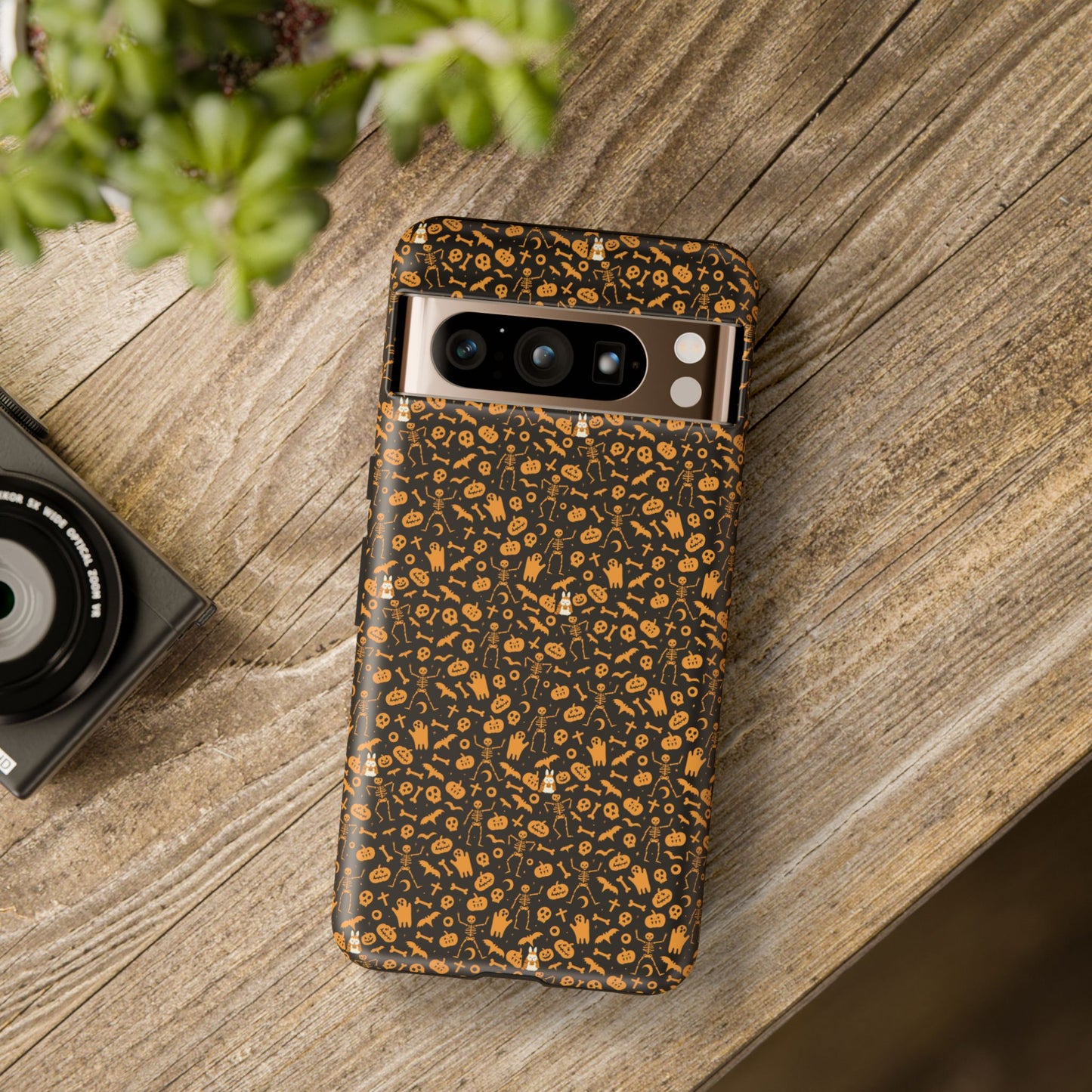 Spooky Icons Halloween Hard Phone Case – Glossy Orange & Black Pumpkin Ghost Pattern, Protective Fall Aesthetic