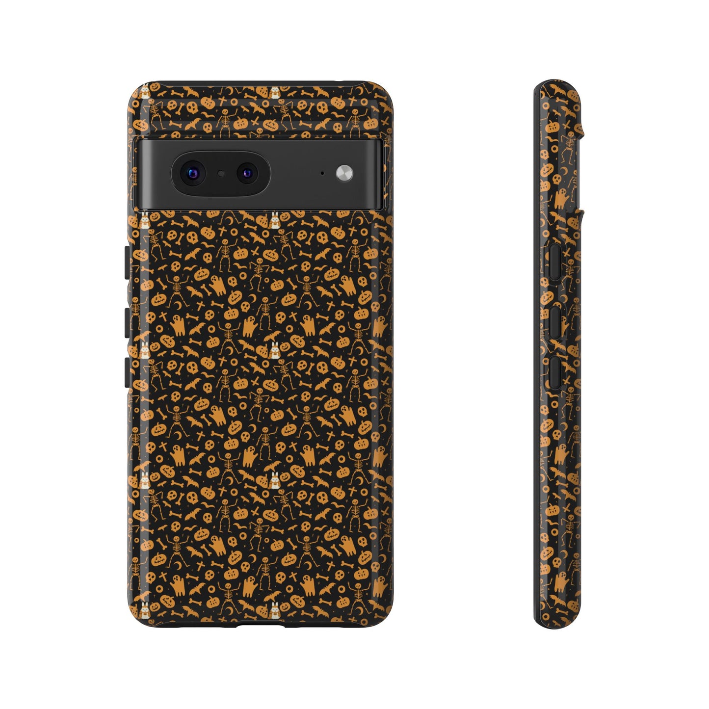 Spooky Icons Halloween Hard Phone Case – Glossy Orange & Black Pumpkin Ghost Pattern, Protective Fall Aesthetic