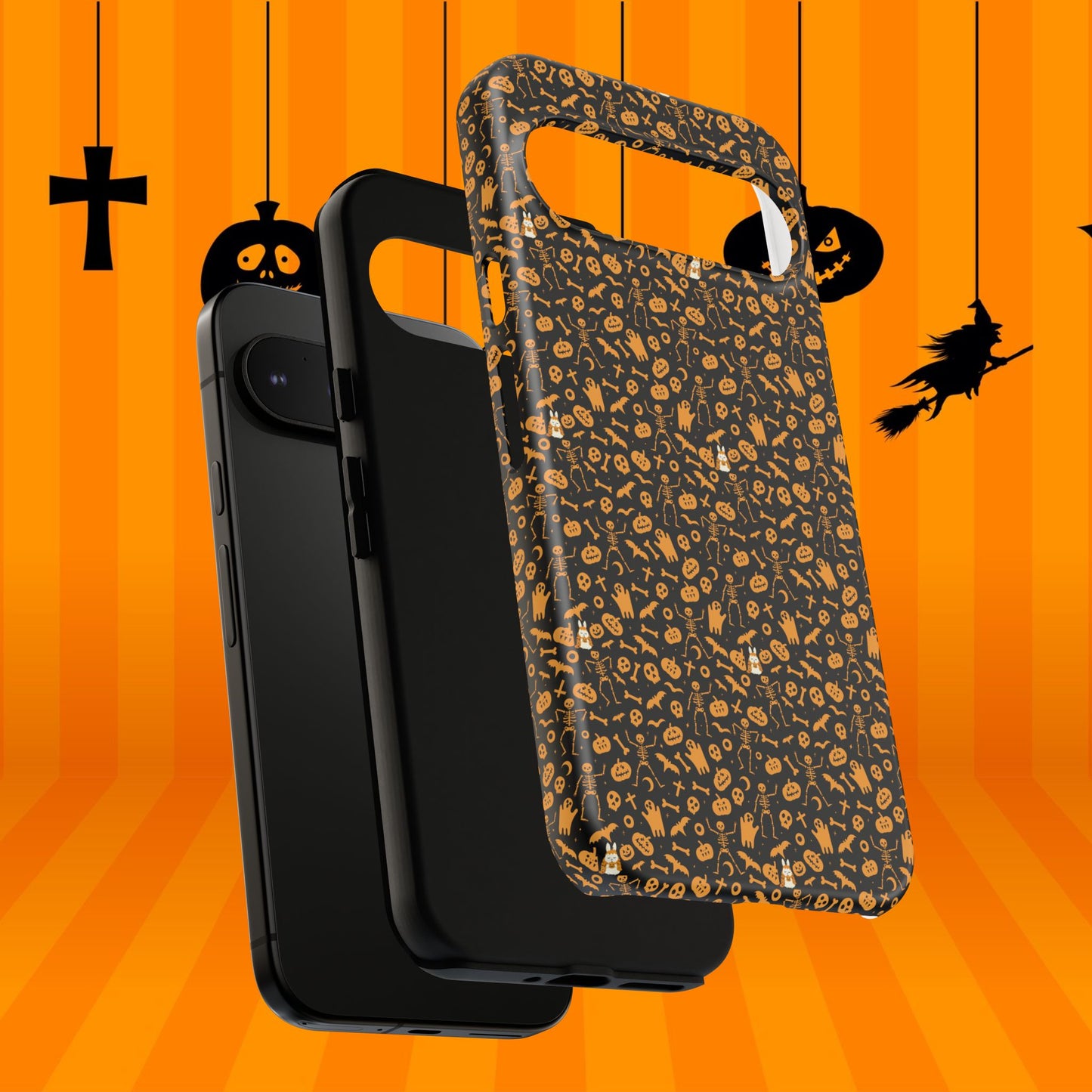 Spooky Icons Halloween Hard Phone Case – Glossy Orange & Black Pumpkin Ghost Pattern, Protective Fall Aesthetic