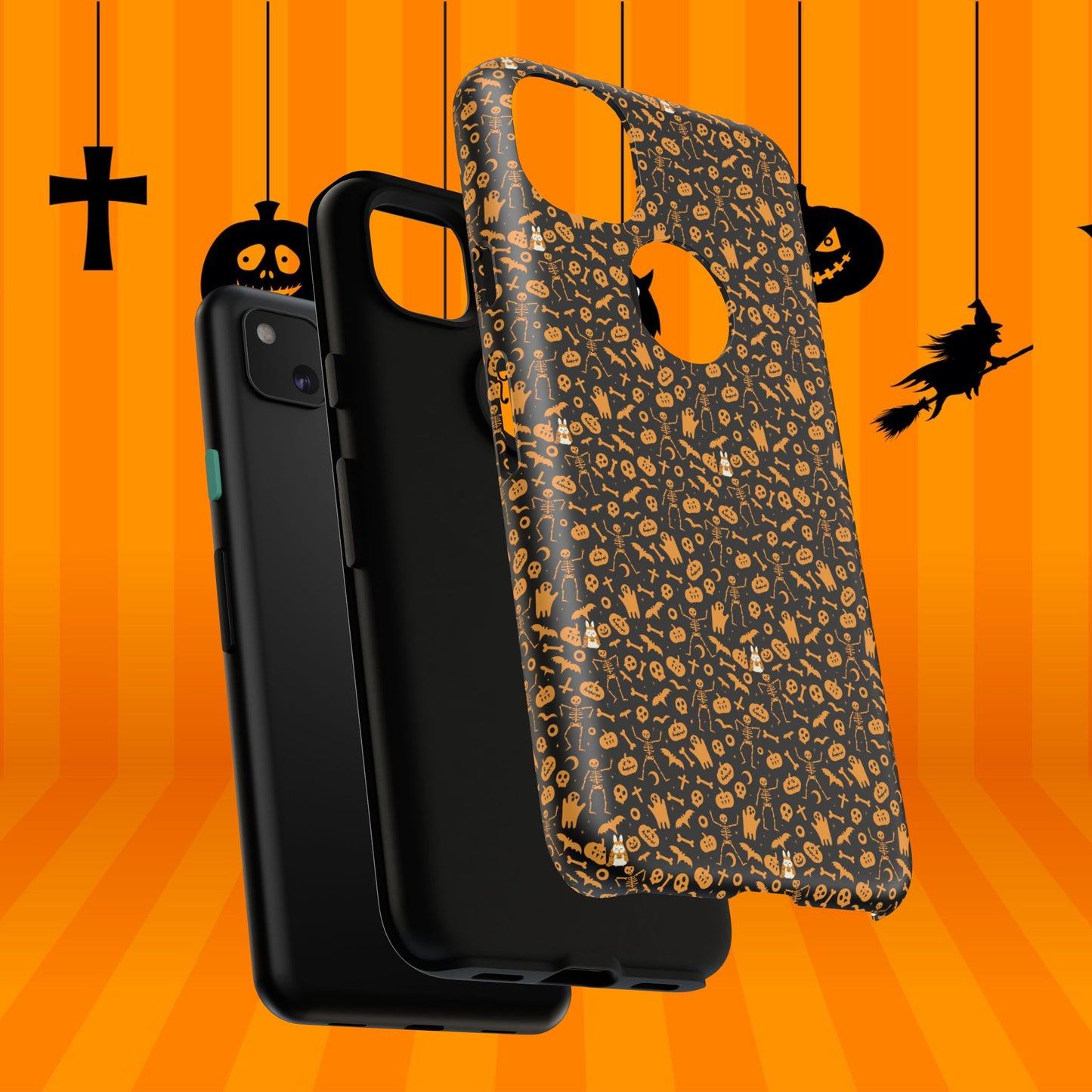 Spooky Icons Halloween Hard Phone Case – Glossy Orange & Black Pumpkin Ghost Pattern, Protective Fall Aesthetic