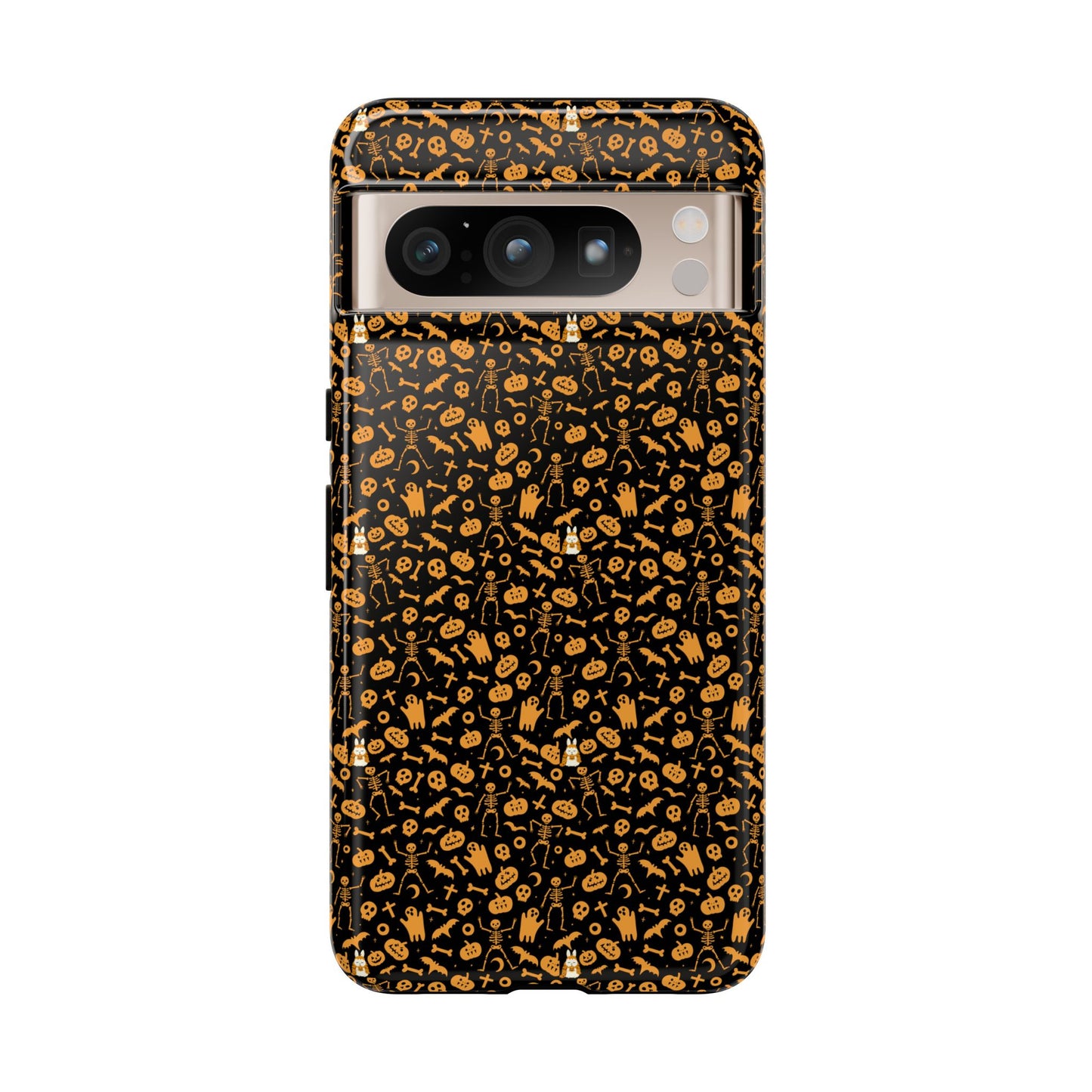 Spooky Icons Halloween Hard Phone Case – Glossy Orange & Black Pumpkin Ghost Pattern, Protective Fall Aesthetic
