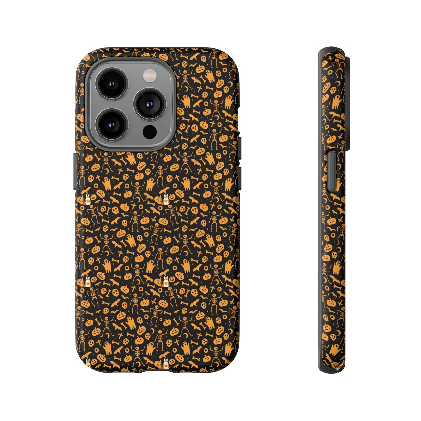 Spooky Icons Halloween Hard Phone Case – Glossy Orange & Black Pumpkin Ghost Pattern, Protective Fall Aesthetic