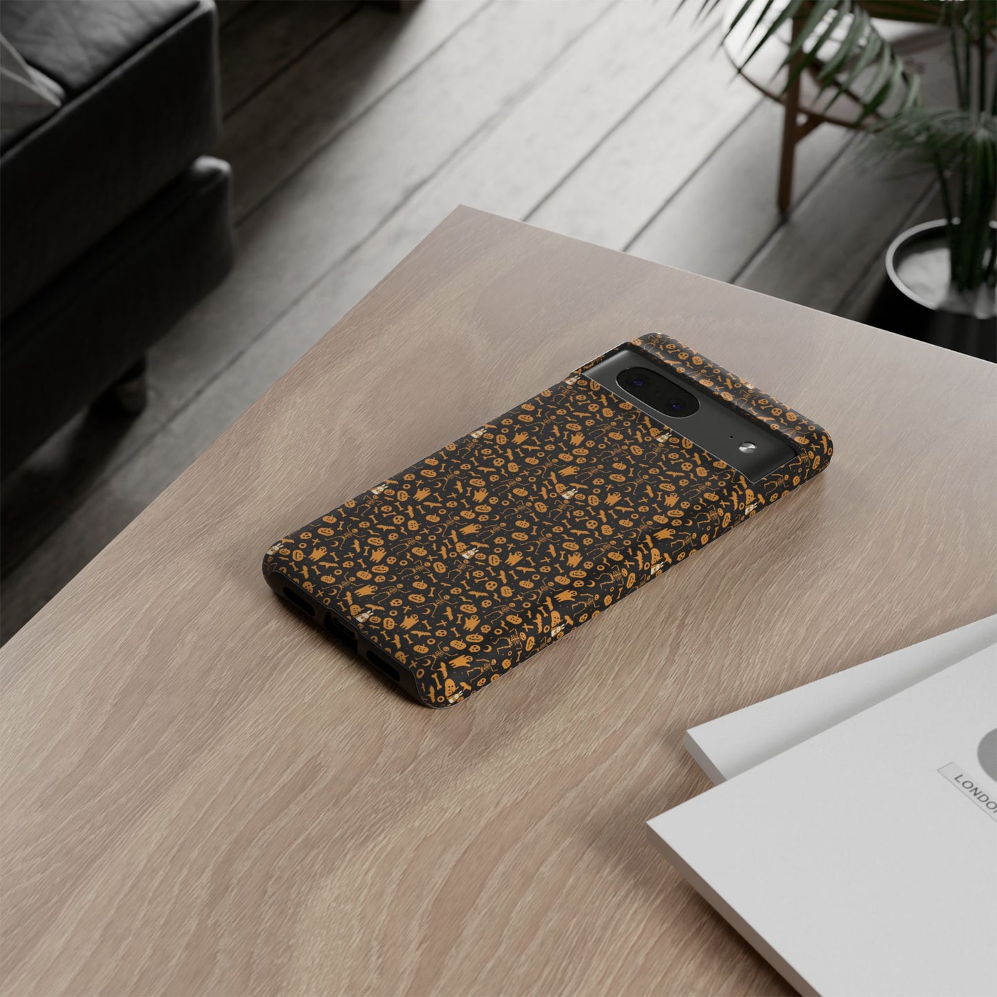 Spooky Icons Halloween Hard Phone Case – Glossy Orange & Black Pumpkin Ghost Pattern, Protective Fall Aesthetic