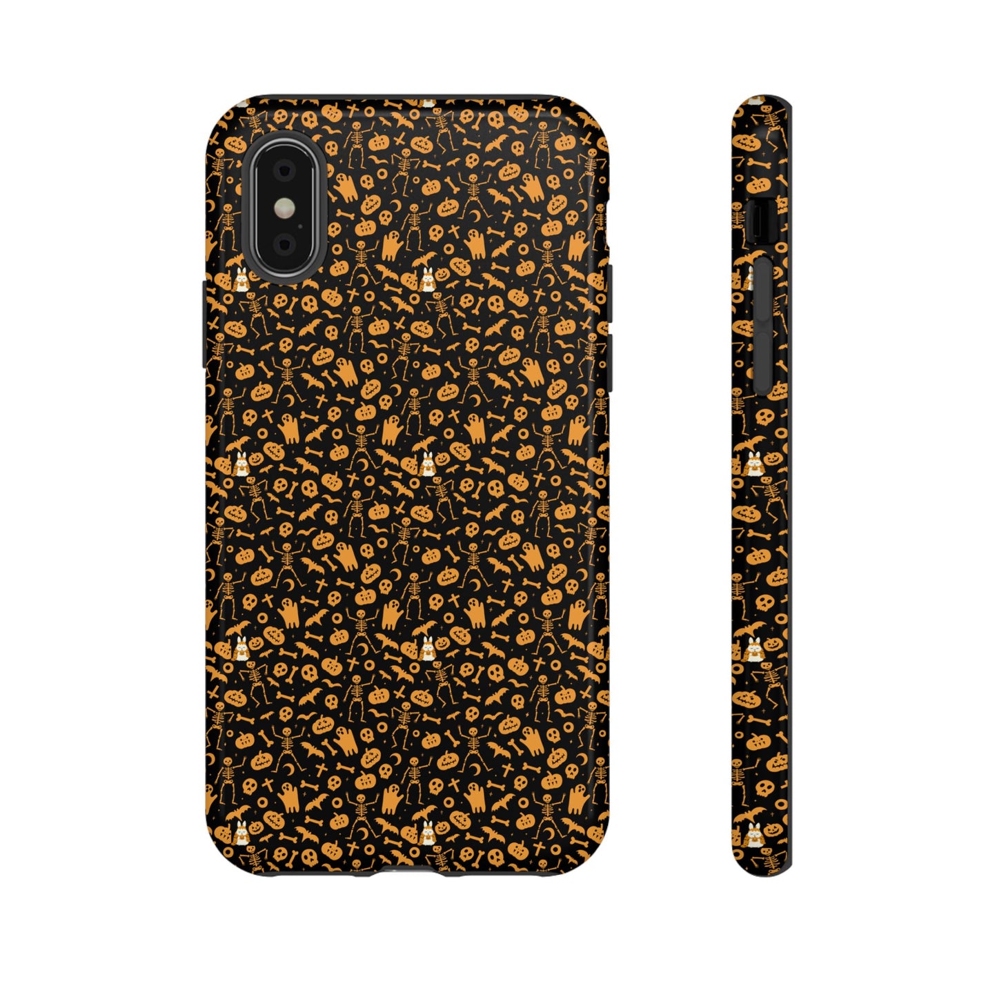 Spooky Icons Halloween Hard Phone Case – Glossy Orange & Black Pumpkin Ghost Pattern, Protective Fall Aesthetic