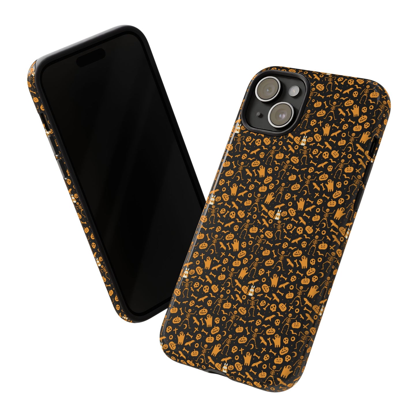 Spooky Icons Halloween Hard Phone Case – Glossy Orange & Black Pumpkin Ghost Pattern, Protective Fall Aesthetic