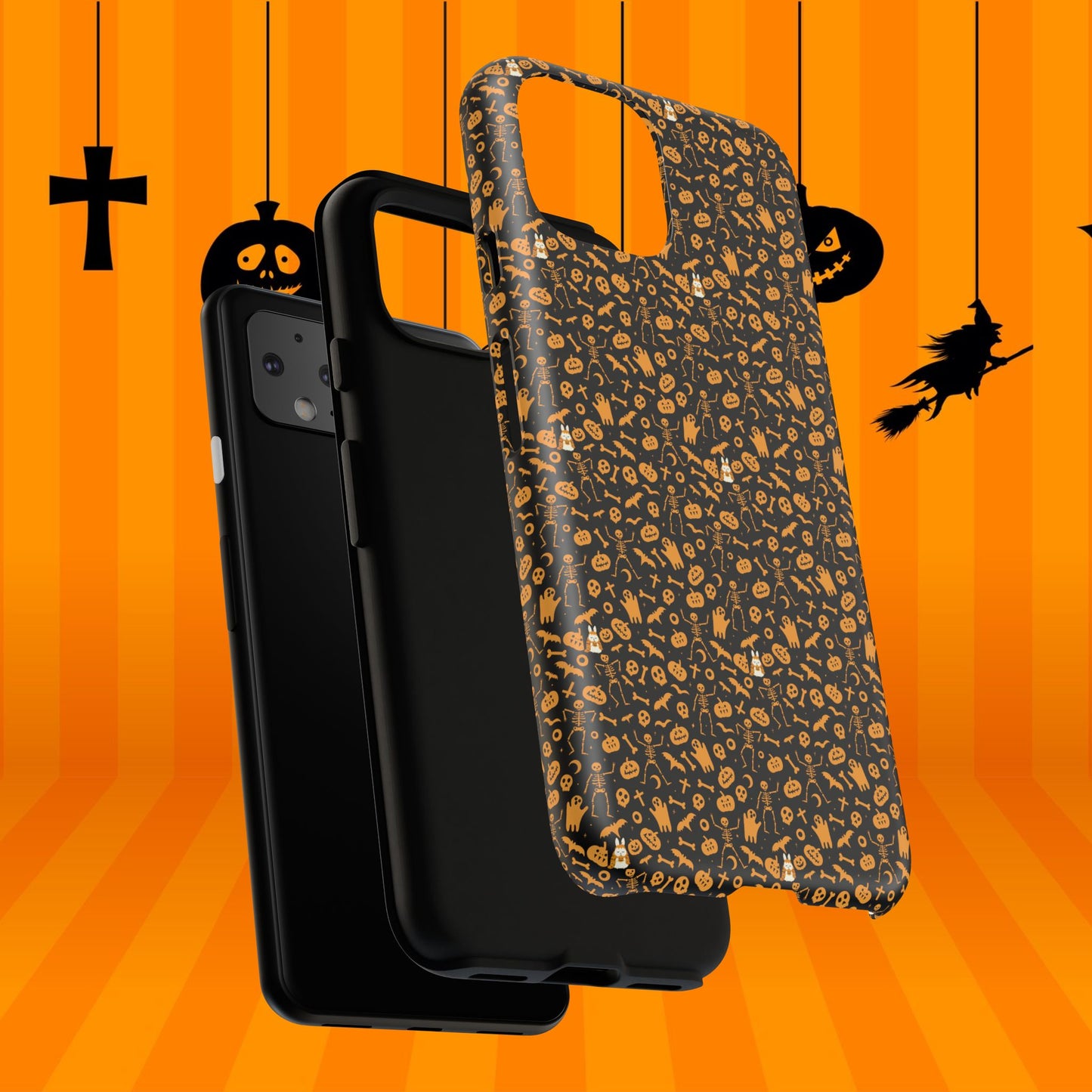 Spooky Icons Halloween Hard Phone Case – Glossy Orange & Black Pumpkin Ghost Pattern, Protective Fall Aesthetic