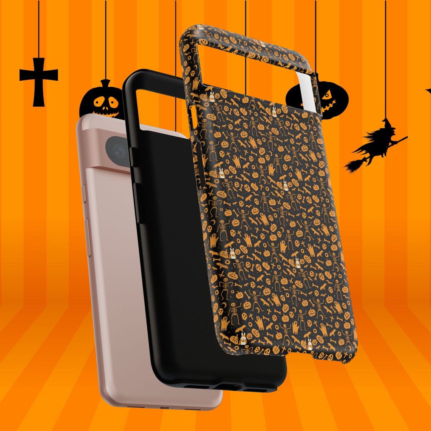 Spooky Icons Halloween Hard Phone Case – Glossy Orange & Black Pumpkin Ghost Pattern, Protective Fall Aesthetic