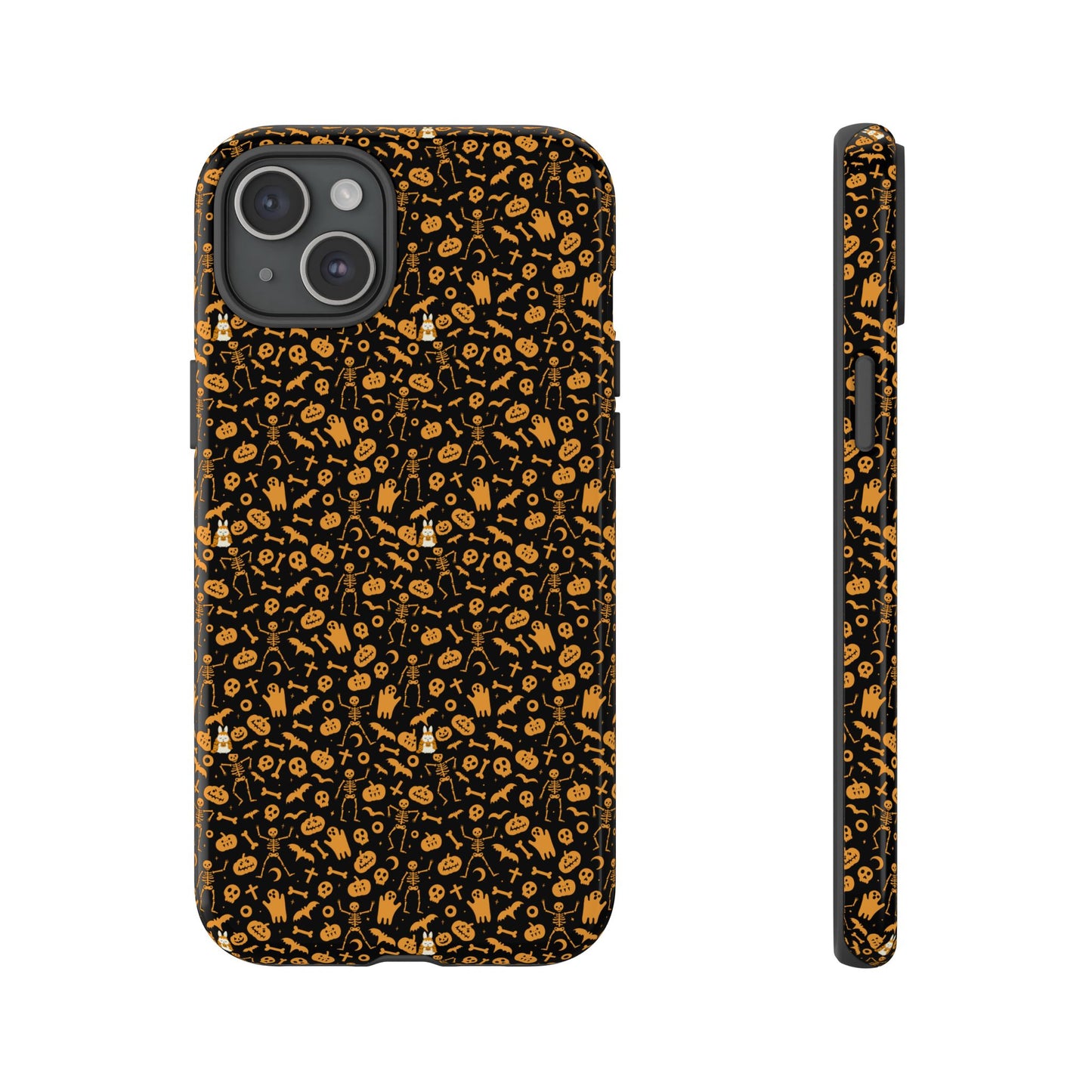 Spooky Icons Halloween Hard Phone Case – Glossy Orange & Black Pumpkin Ghost Pattern, Protective Fall Aesthetic
