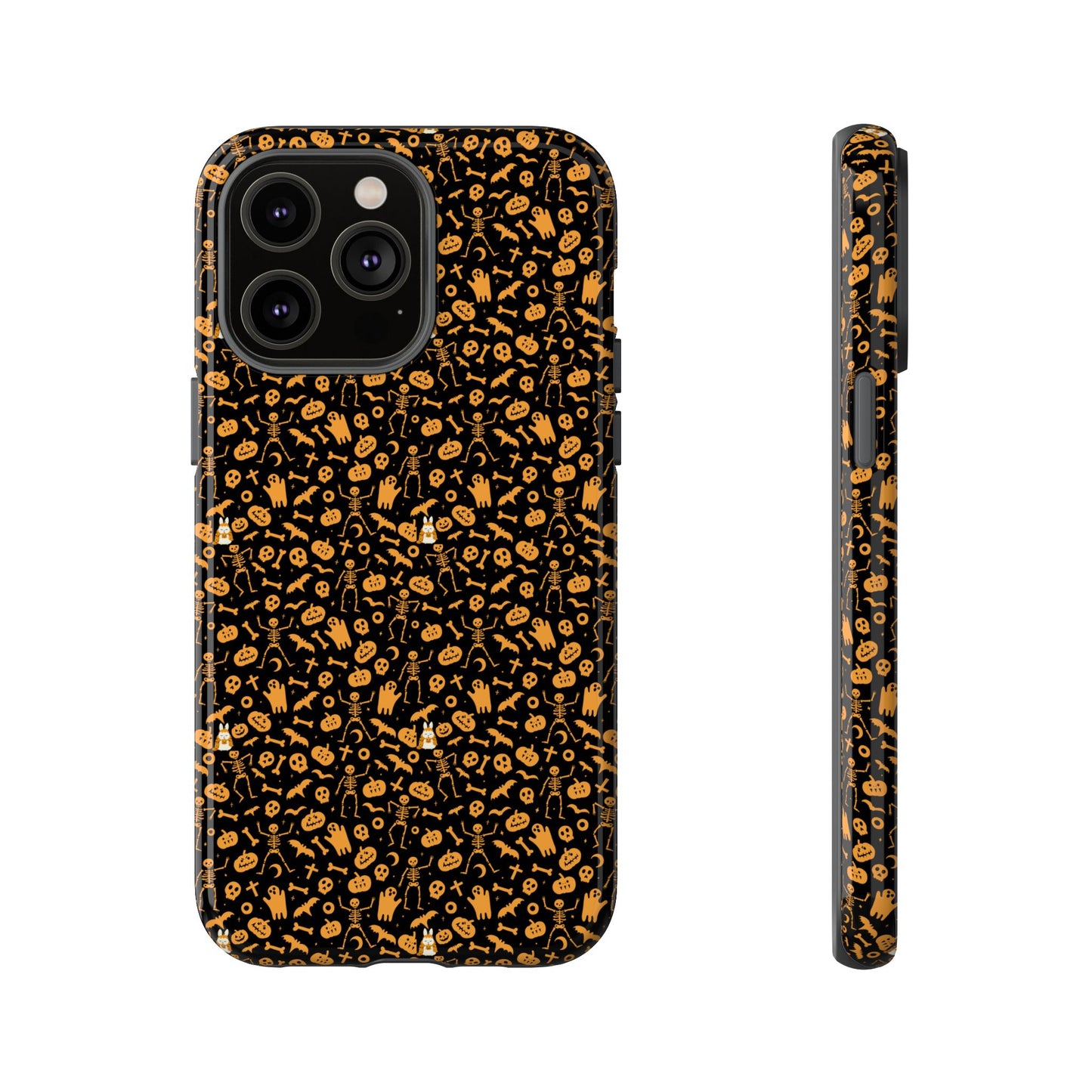 Spooky Icons Halloween Hard Phone Case – Glossy Orange & Black Pumpkin Ghost Pattern, Protective Fall Aesthetic