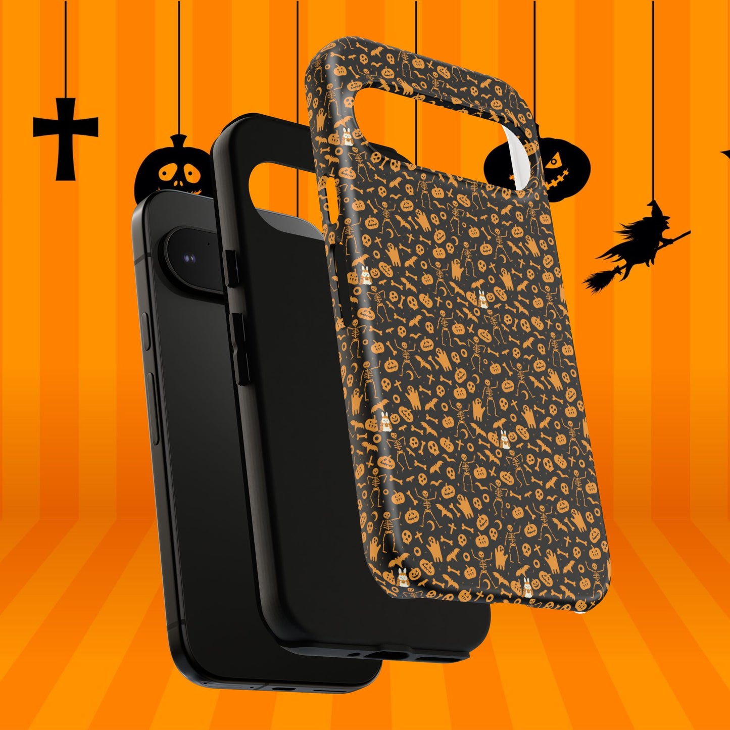 Spooky Icons Halloween Hard Phone Case – Glossy Orange & Black Pumpkin Ghost Pattern, Protective Fall Aesthetic