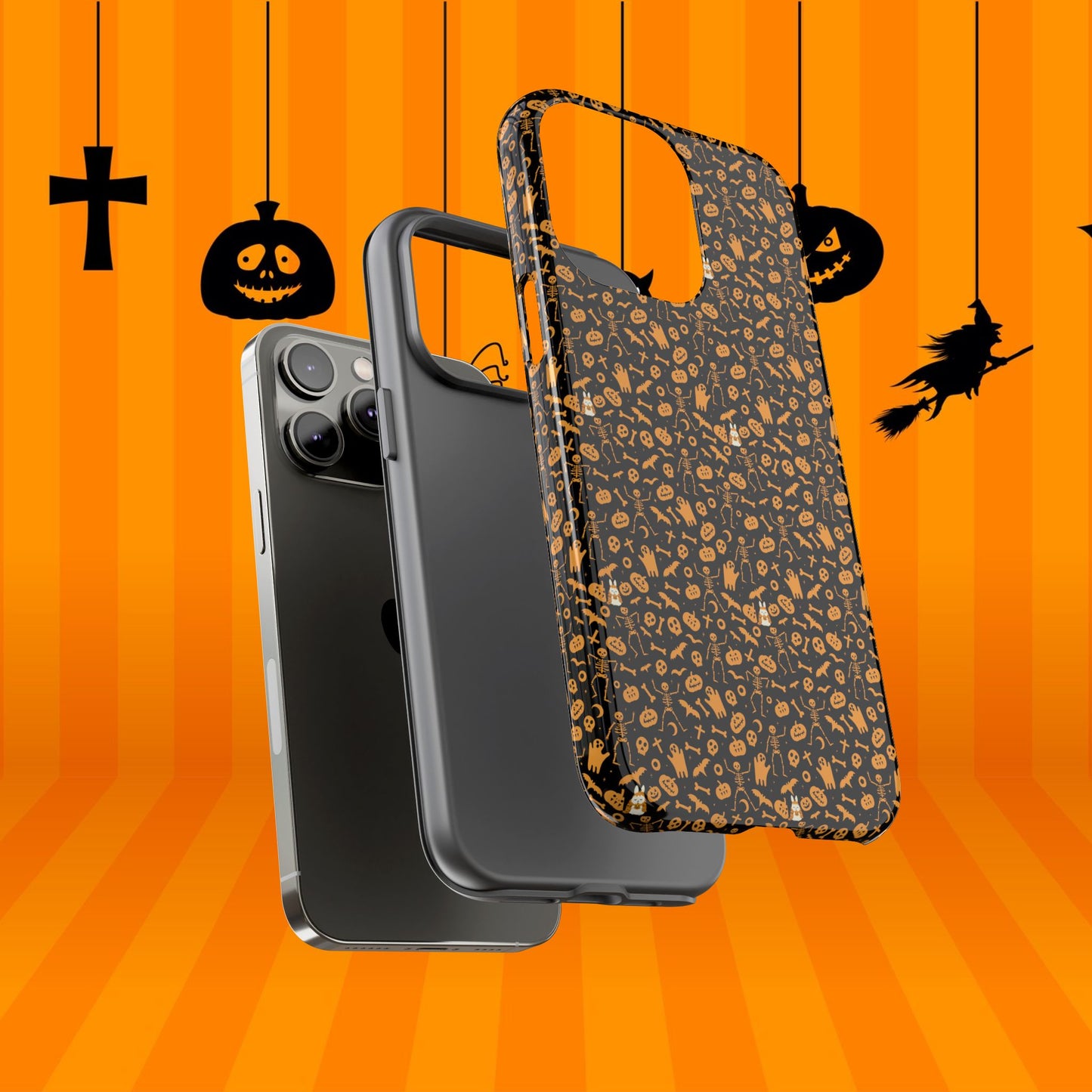 Spooky Icons Halloween Hard Phone Case – Glossy Orange & Black Pumpkin Ghost Pattern, Protective Fall Aesthetic