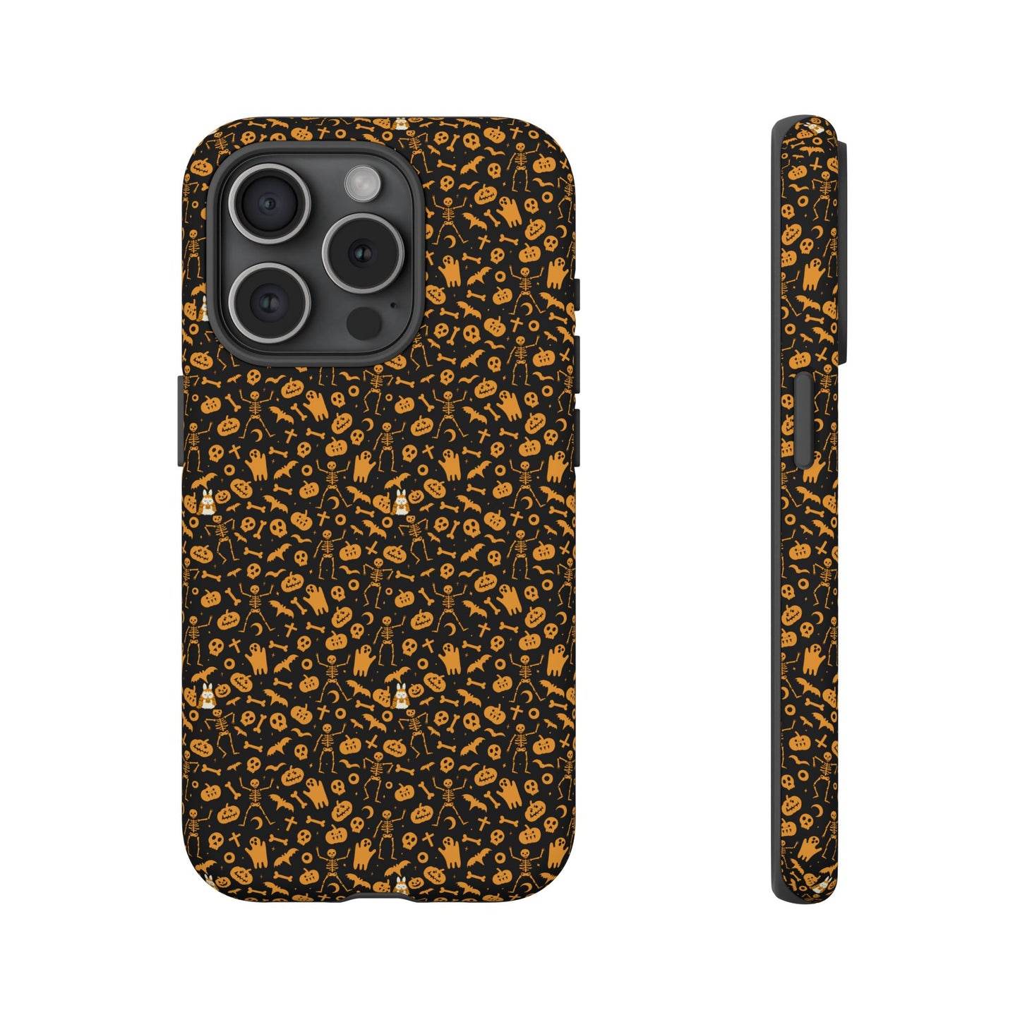 Spooky Icons Halloween Hard Phone Case – Glossy Orange & Black Pumpkin Ghost Pattern, Protective Fall Aesthetic