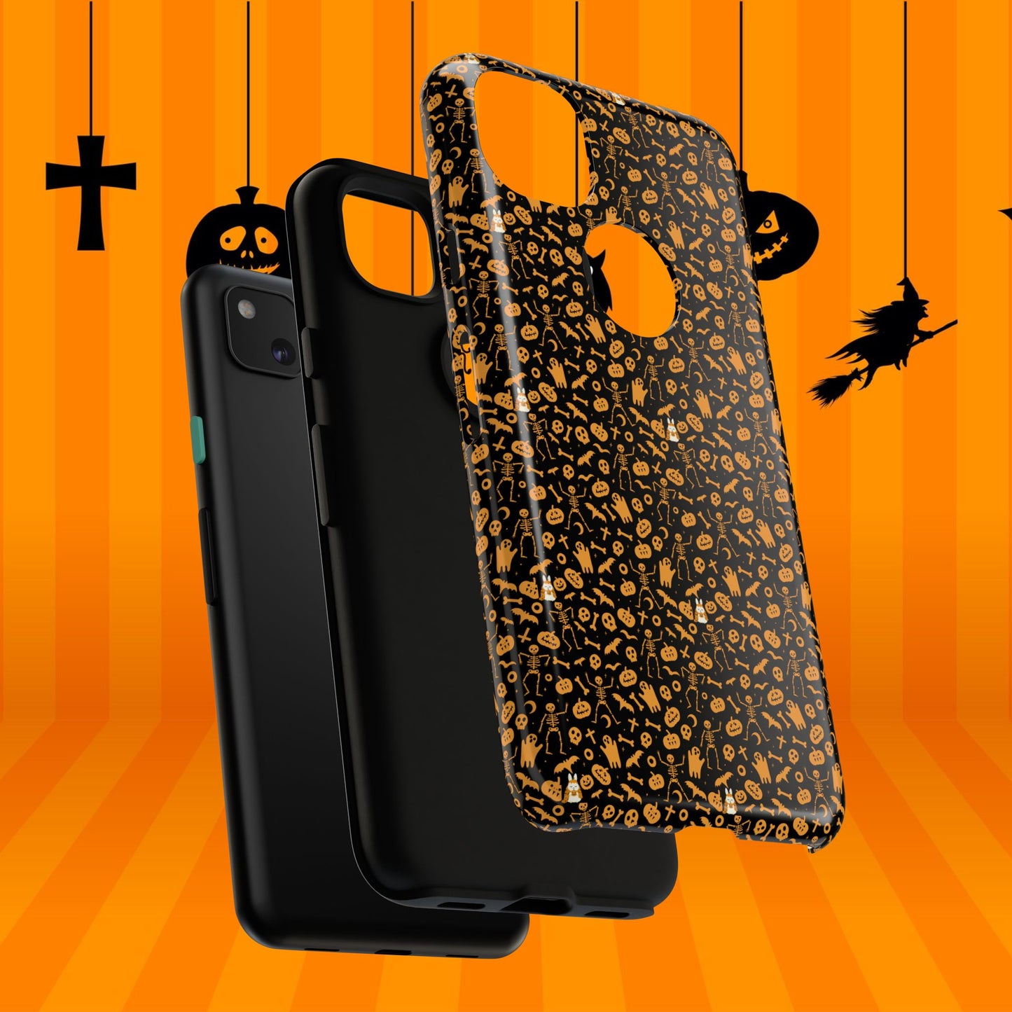 Spooky Icons Halloween Hard Phone Case – Glossy Orange & Black Pumpkin Ghost Pattern, Protective Fall Aesthetic