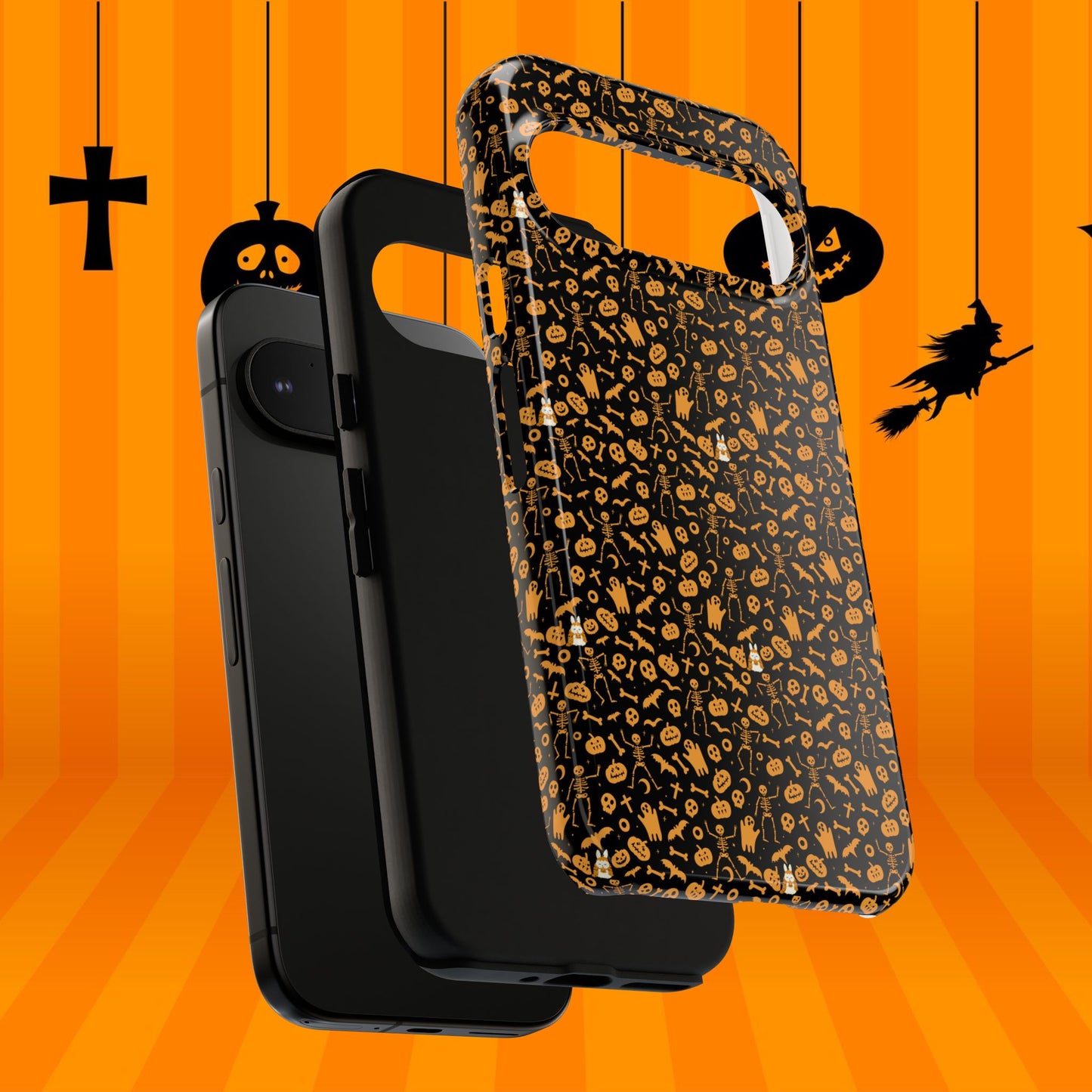 Spooky Icons Halloween Hard Phone Case – Glossy Orange & Black Pumpkin Ghost Pattern, Protective Fall Aesthetic