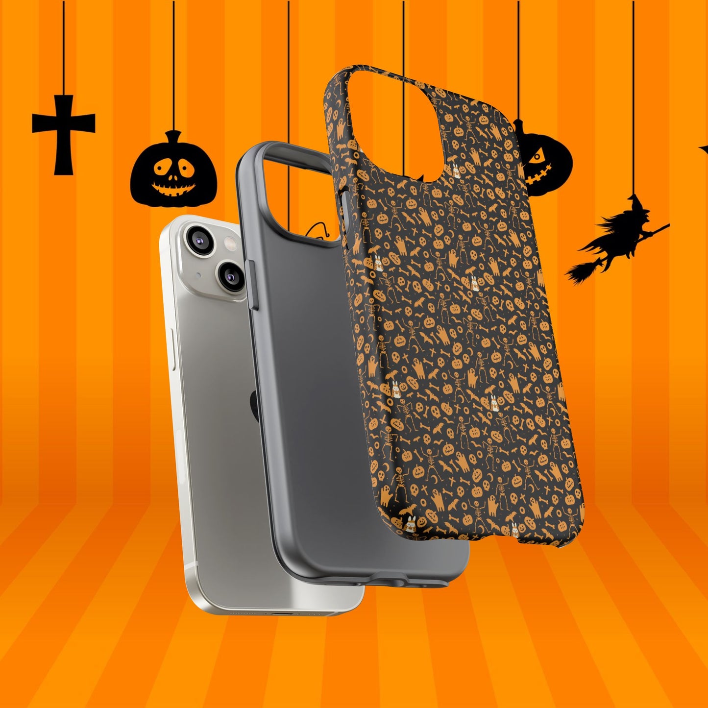 Spooky Icons Halloween Hard Phone Case – Glossy Orange & Black Pumpkin Ghost Pattern, Protective Fall Aesthetic