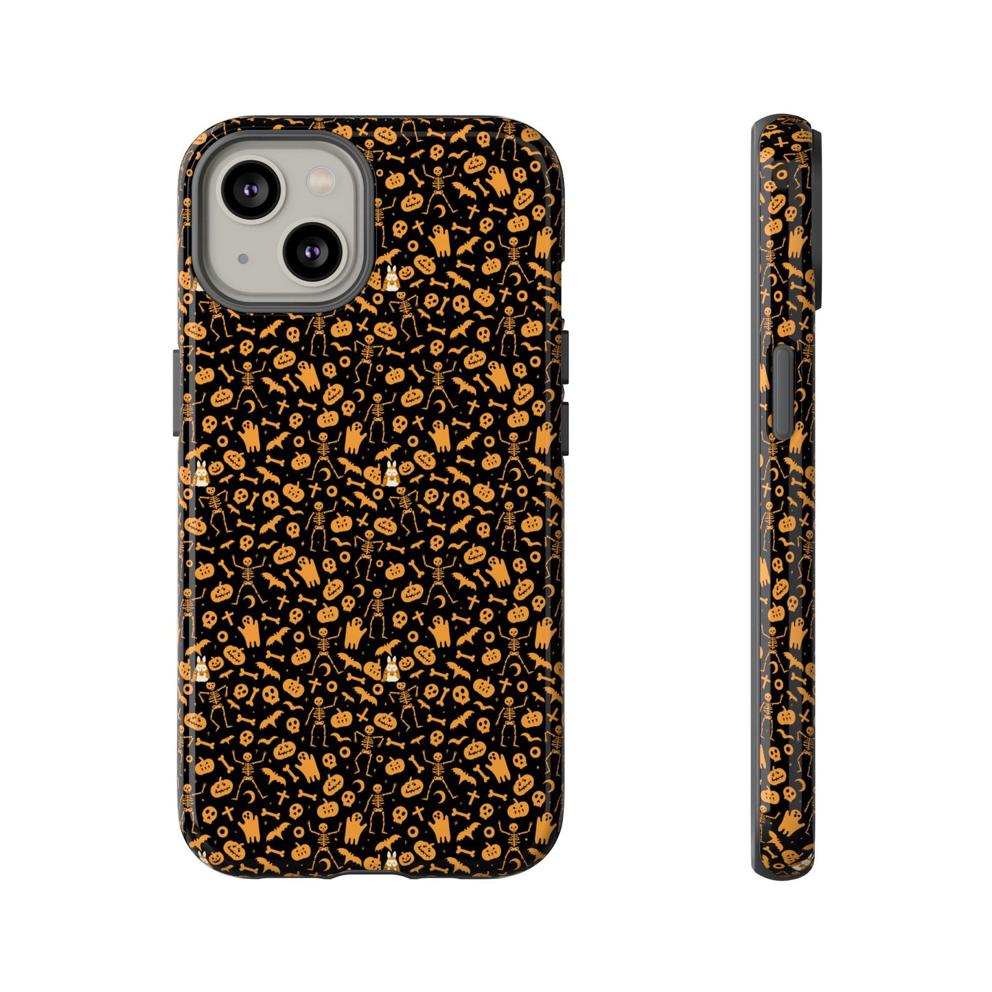 Spooky Icons Halloween Hard Phone Case – Glossy Orange & Black Pumpkin Ghost Pattern, Protective Fall Aesthetic