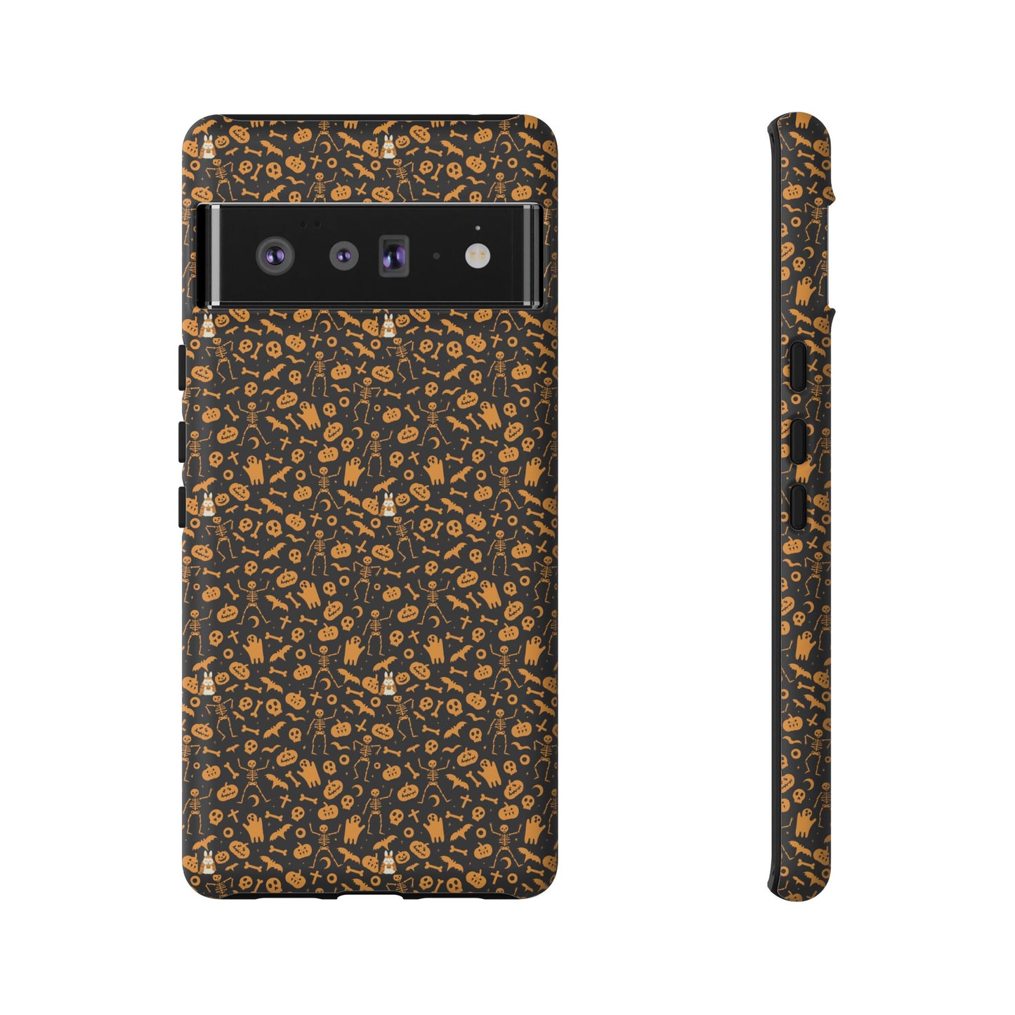 Spooky Icons Halloween Hard Phone Case – Glossy Orange & Black Pumpkin Ghost Pattern, Protective Fall Aesthetic